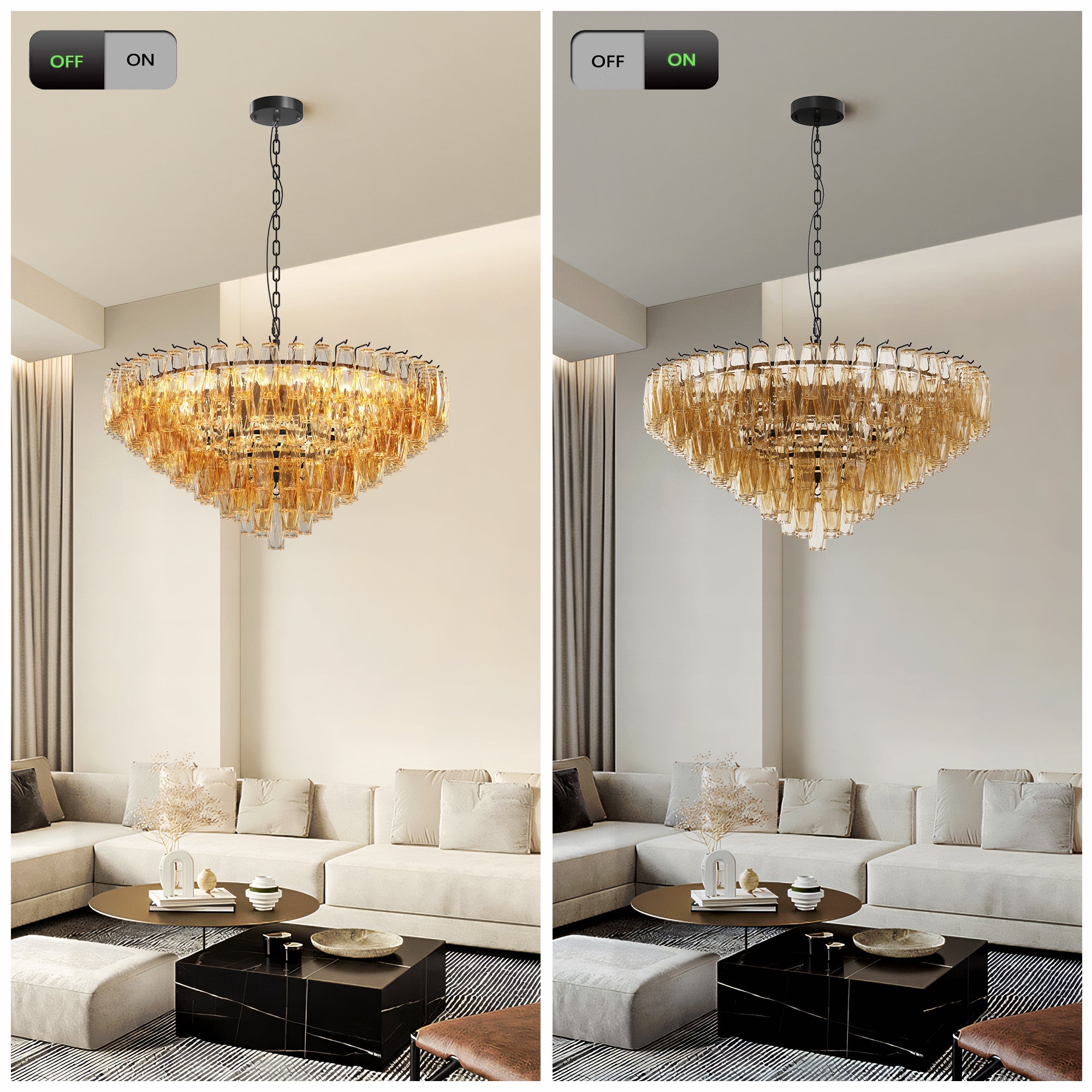 Jandcase 37in. Black 14-Light Tiered Smoke Glass Tube Chandelier Modern Large Ceiling Light for Dining Room Living Room Kitchen Island Bedroom