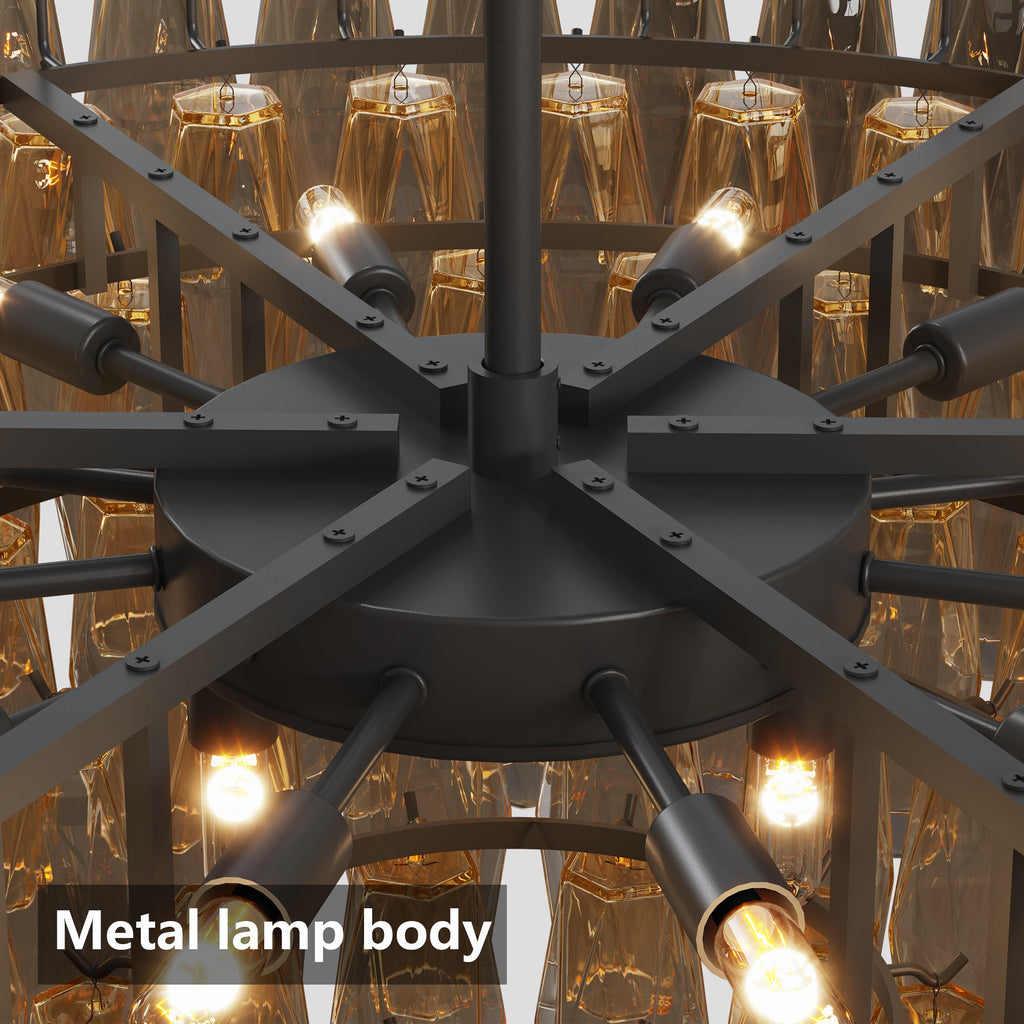 Jandcase 37in. Black 14-Light Tiered Smoke Glass Tube Chandelier Modern Large Ceiling Light for Dining Room Living Room Kitchen Island Bedroom