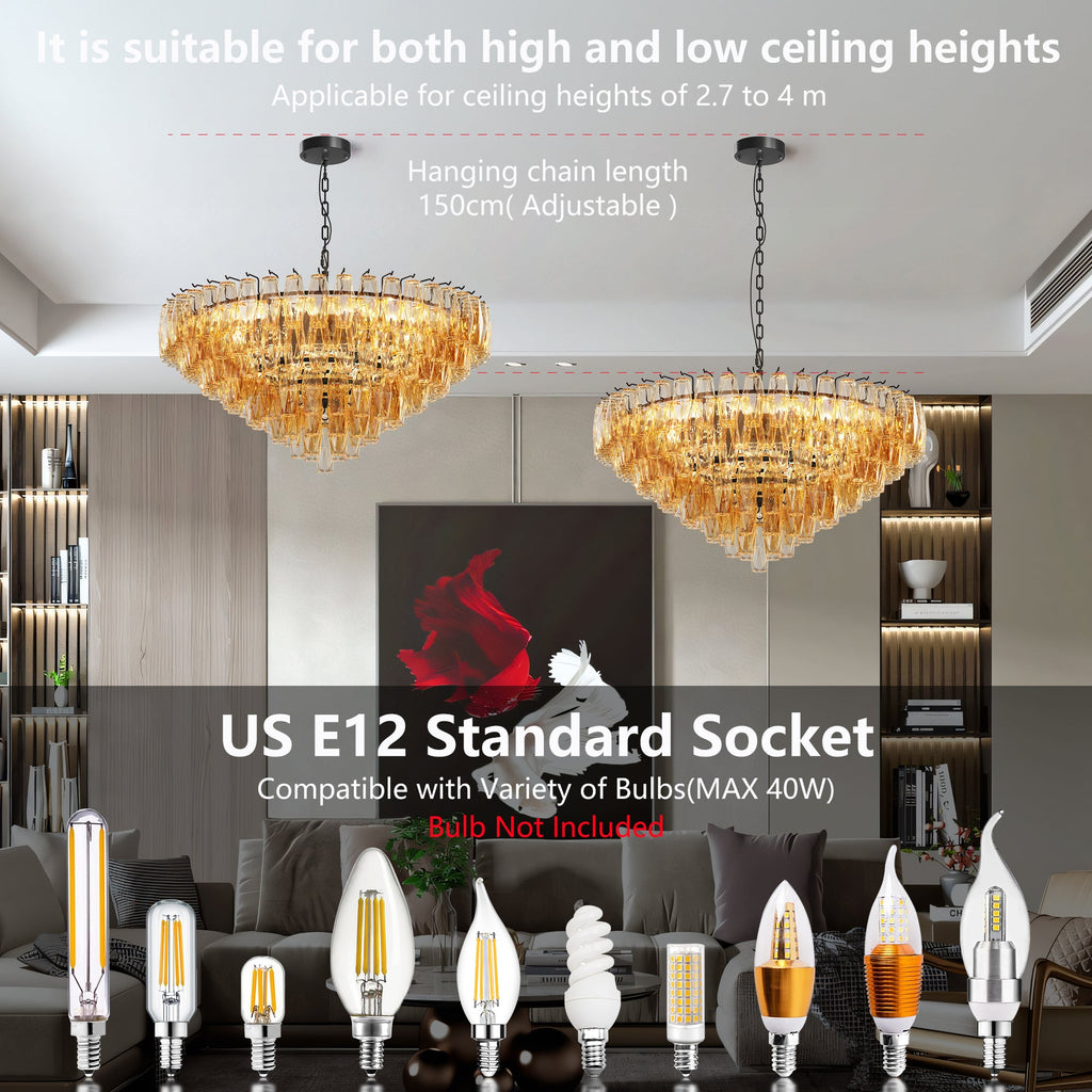 Jandcase 37in. Black 14-Light Tiered Smoke Glass Tube Chandelier Modern Large Ceiling Light for Dining Room Living Room Kitchen Island Bedroom