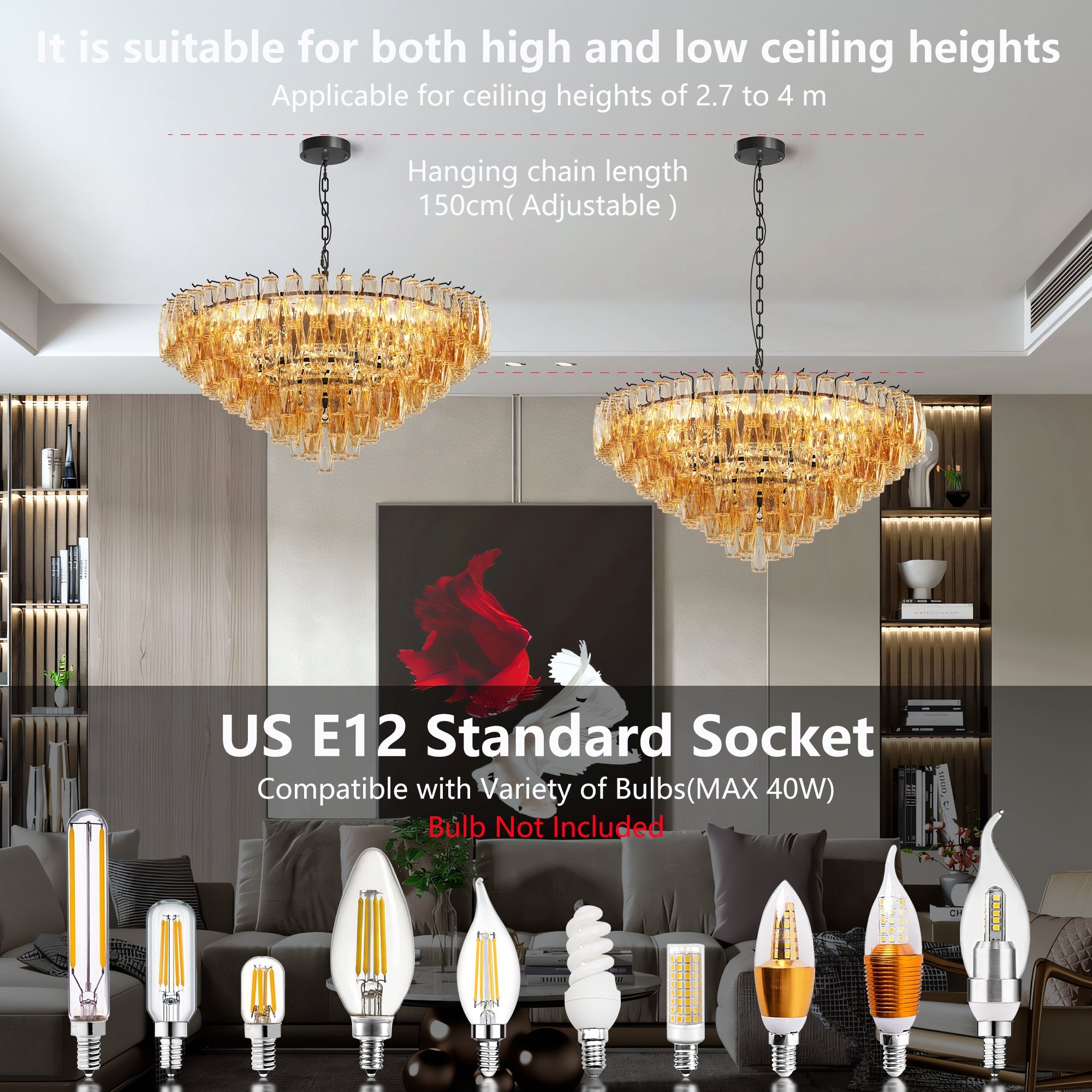 Jandcase 37in. Black 14-Light Tiered Smoke Glass Tube Chandelier Modern Large Ceiling Light for Dining Room Living Room Kitchen Island Bedroom