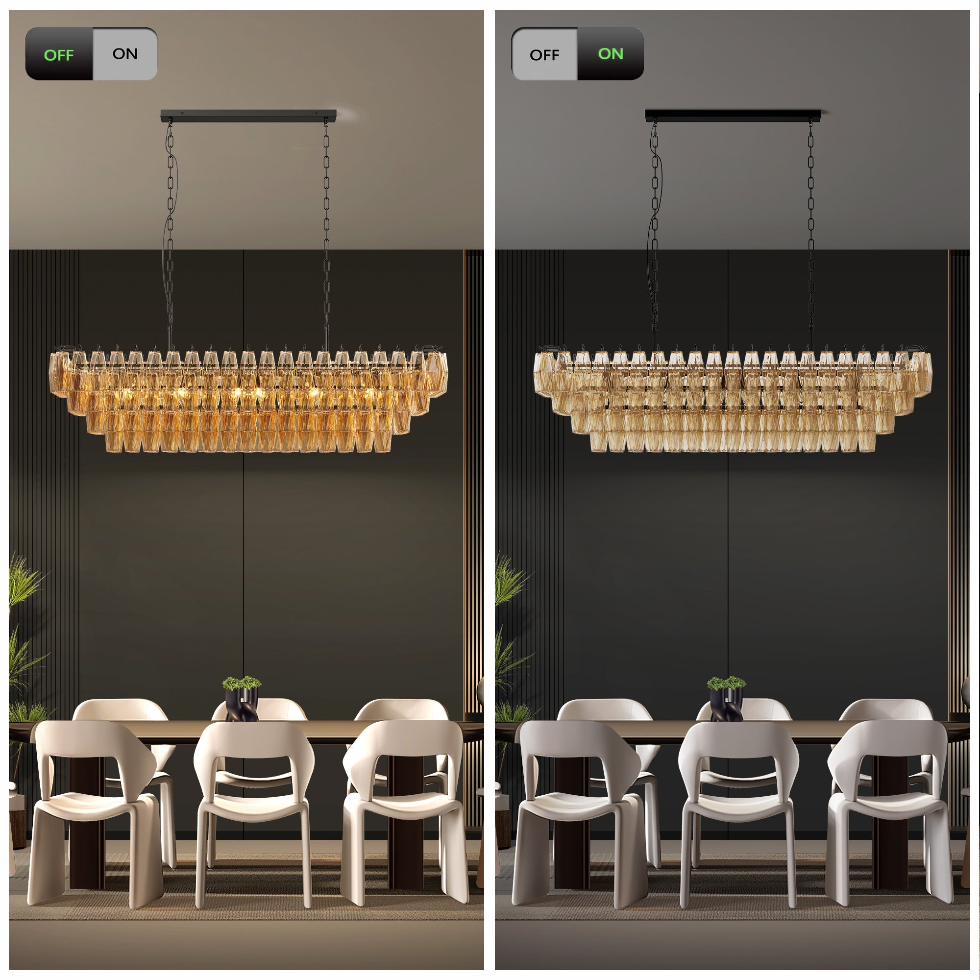 Jandcase 54in. Black Rectangular Chandelier 12-Light 4-Tier Smoke Glass Modern Pendant for Dining Room Kitchen Island Foyer (Bulb not included)