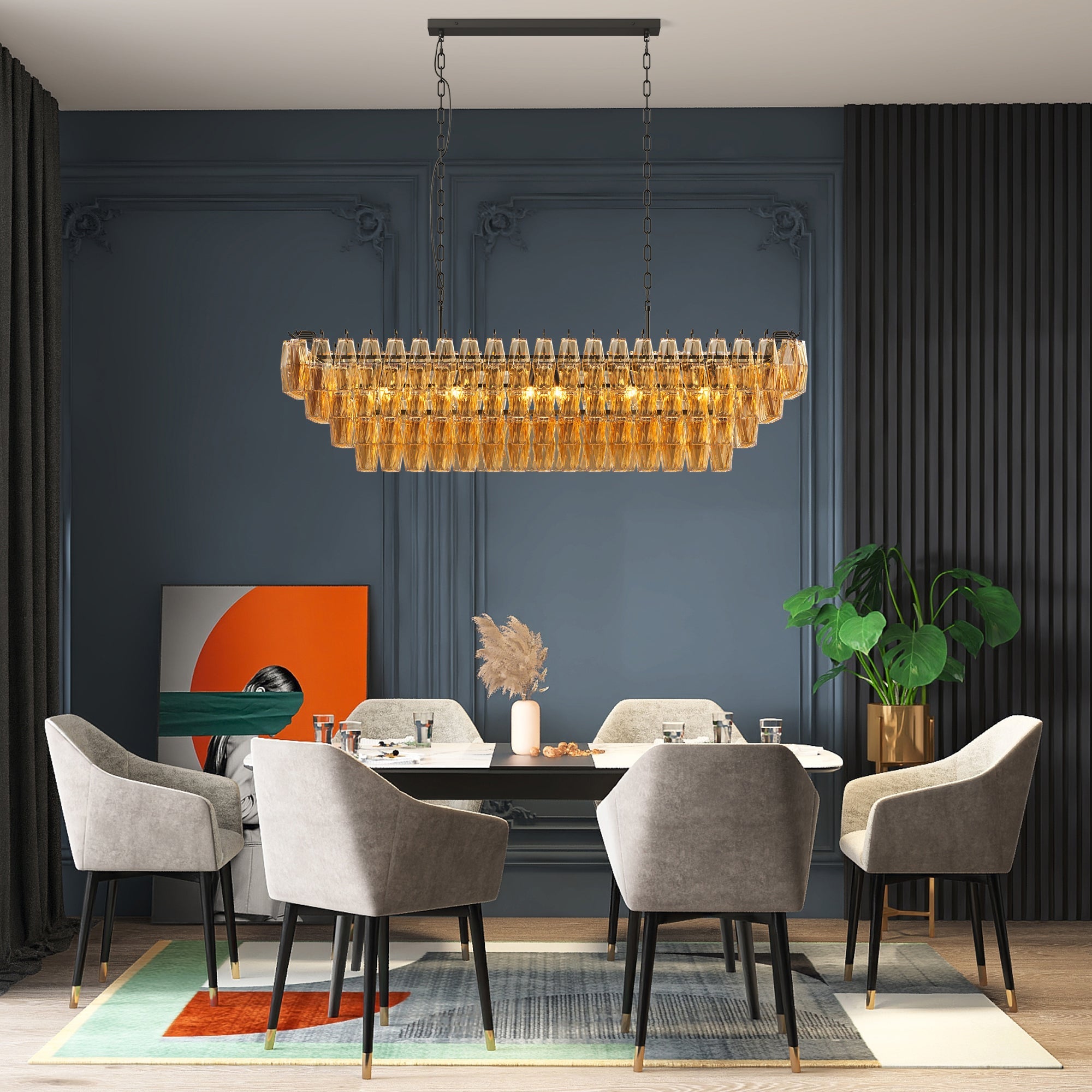 Jandcase 54in. Black Rectangular Chandelier 12-Light 4-Tier Smoke Glass Modern Pendant for Dining Room Kitchen Island Foyer (Bulb not included)