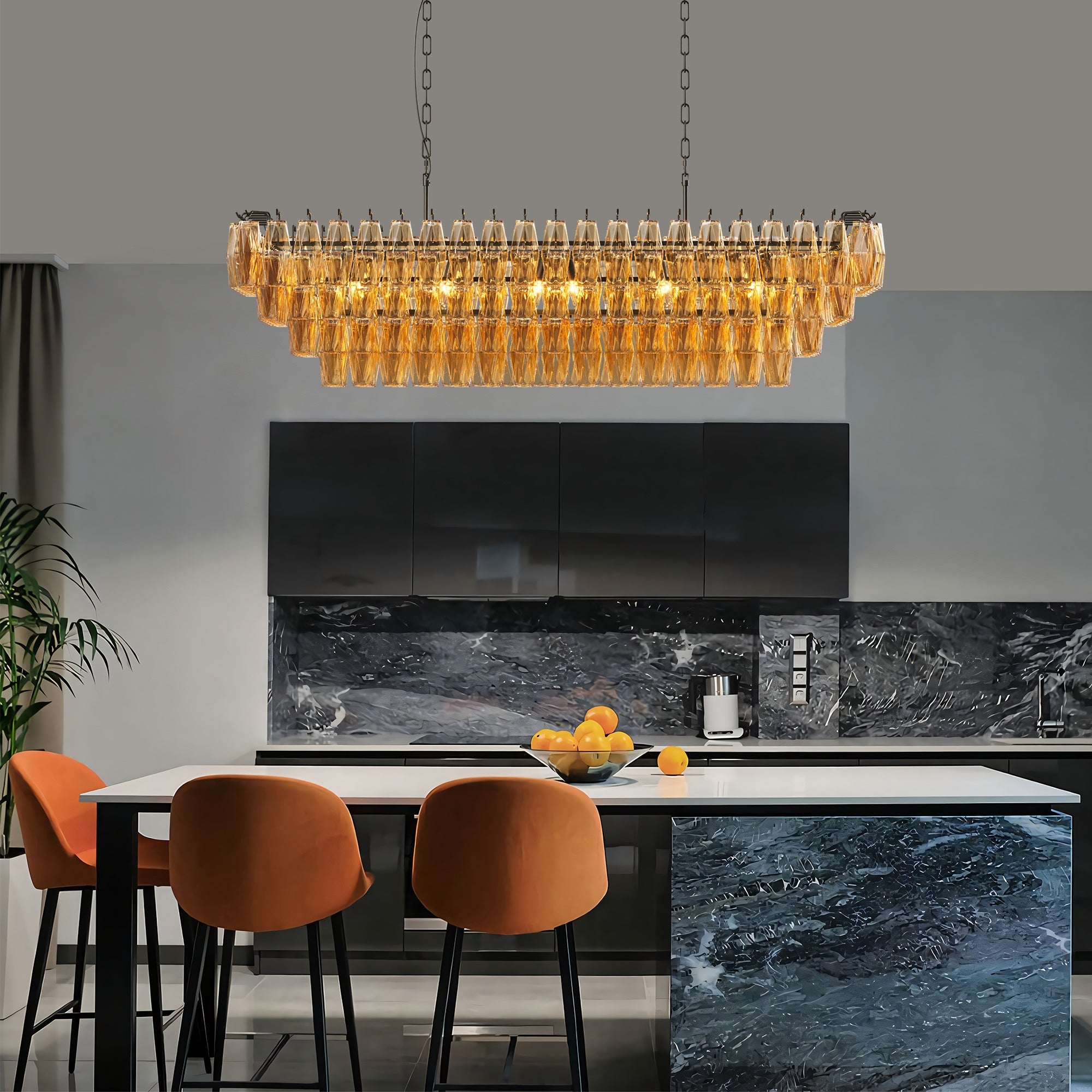 Jandcase 54in. Black Rectangular Chandelier 12-Light 4-Tier Smoke Glass Modern Pendant for Dining Room Kitchen Island Foyer (Bulb not included)