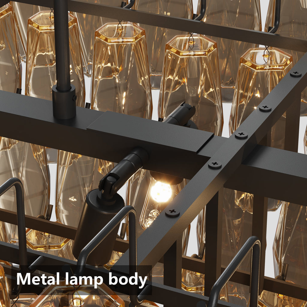 Jandcase 54in. Black Rectangular Chandelier 12-Light 4-Tier Smoke Glass Modern Pendant for Dining Room Kitchen Island Foyer (Bulb not included)