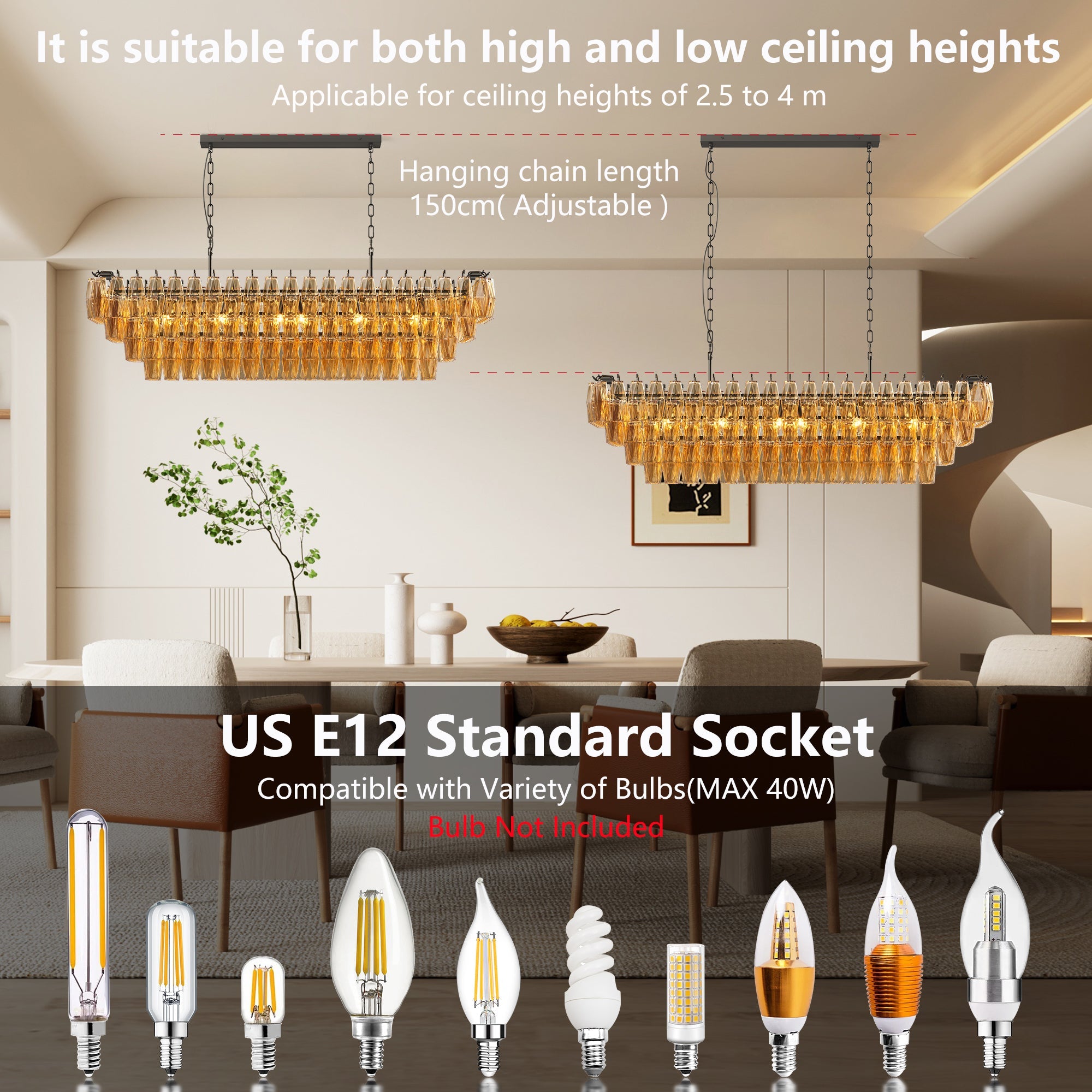 Jandcase 54in. Black Rectangular Chandelier 12-Light 4-Tier Smoke Glass Modern Pendant for Dining Room Kitchen Island Foyer (Bulb not included)