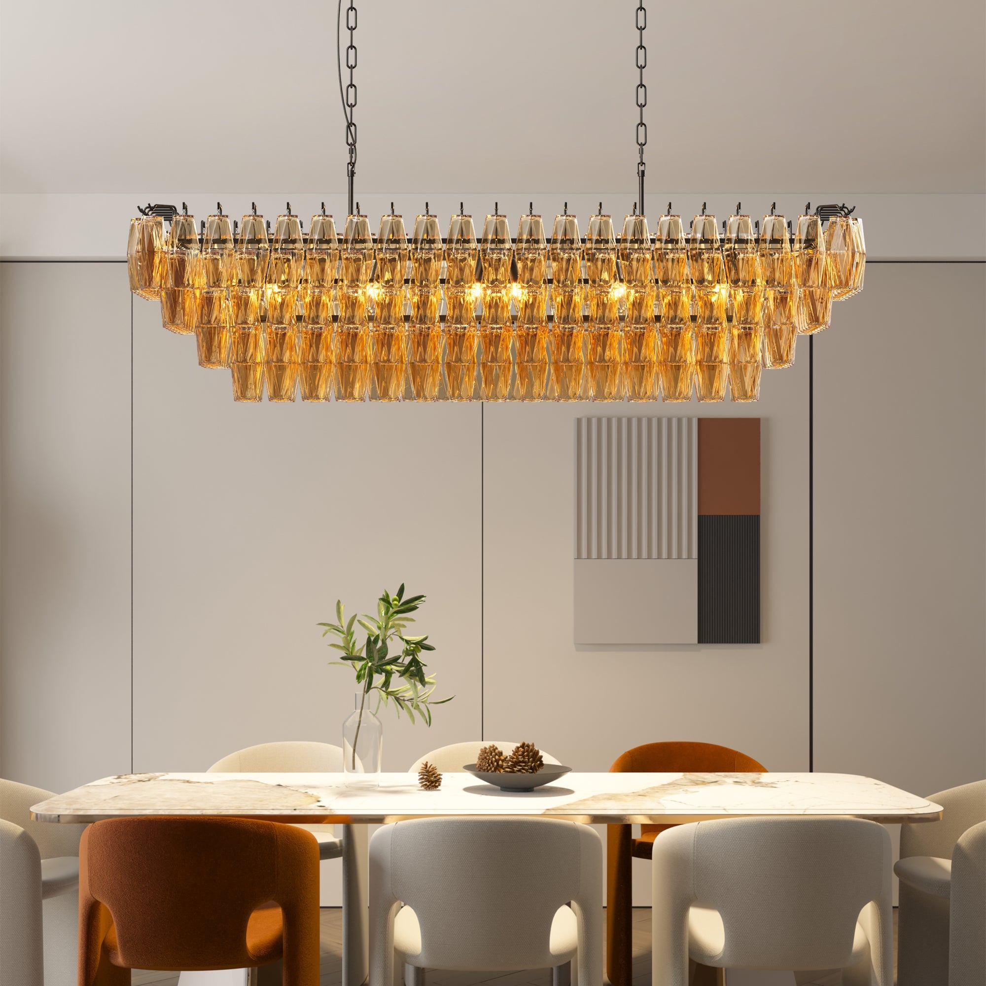 Jandcase 54in. Black Rectangular Chandelier 12-Light 4-Tier Smoke Glass Modern Pendant for Dining Room Kitchen Island Foyer (Bulb not included)