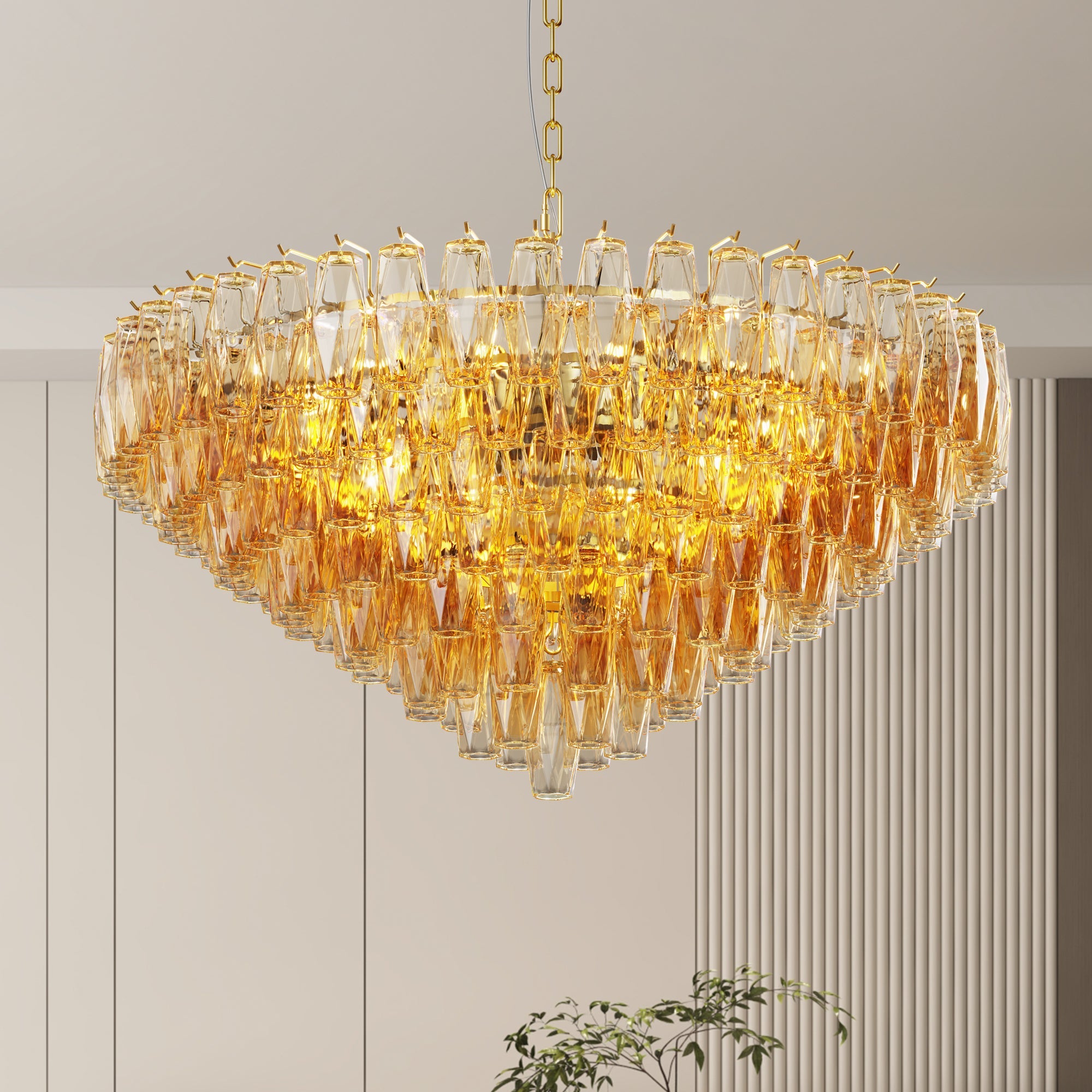 Jandcase 37in. Gold 14-Light Tiered Smoke Blown Glass Chandelier Modern Brass Light for Living Room Dining Room Bedroom Foyer Entryway