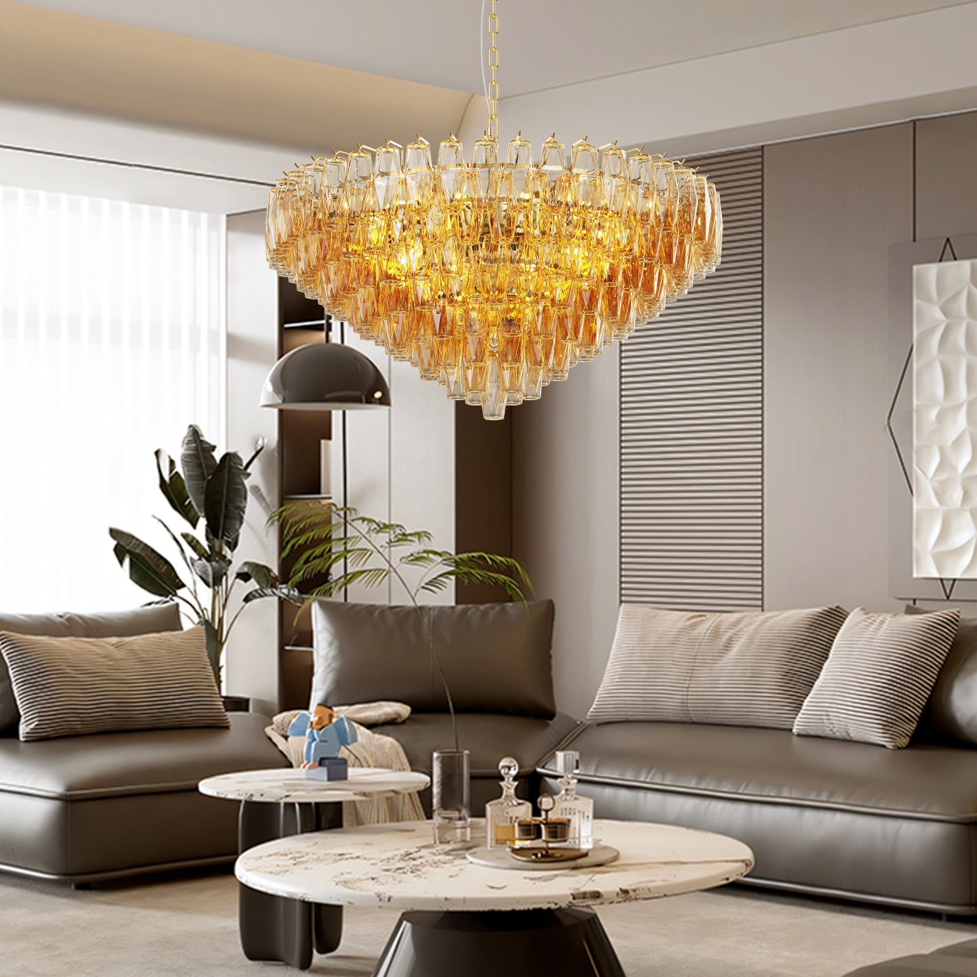 Jandcase 37in. Gold 14-Light Tiered Smoke Blown Glass Chandelier Modern Brass Light for Living Room Dining Room Bedroom Foyer Entryway