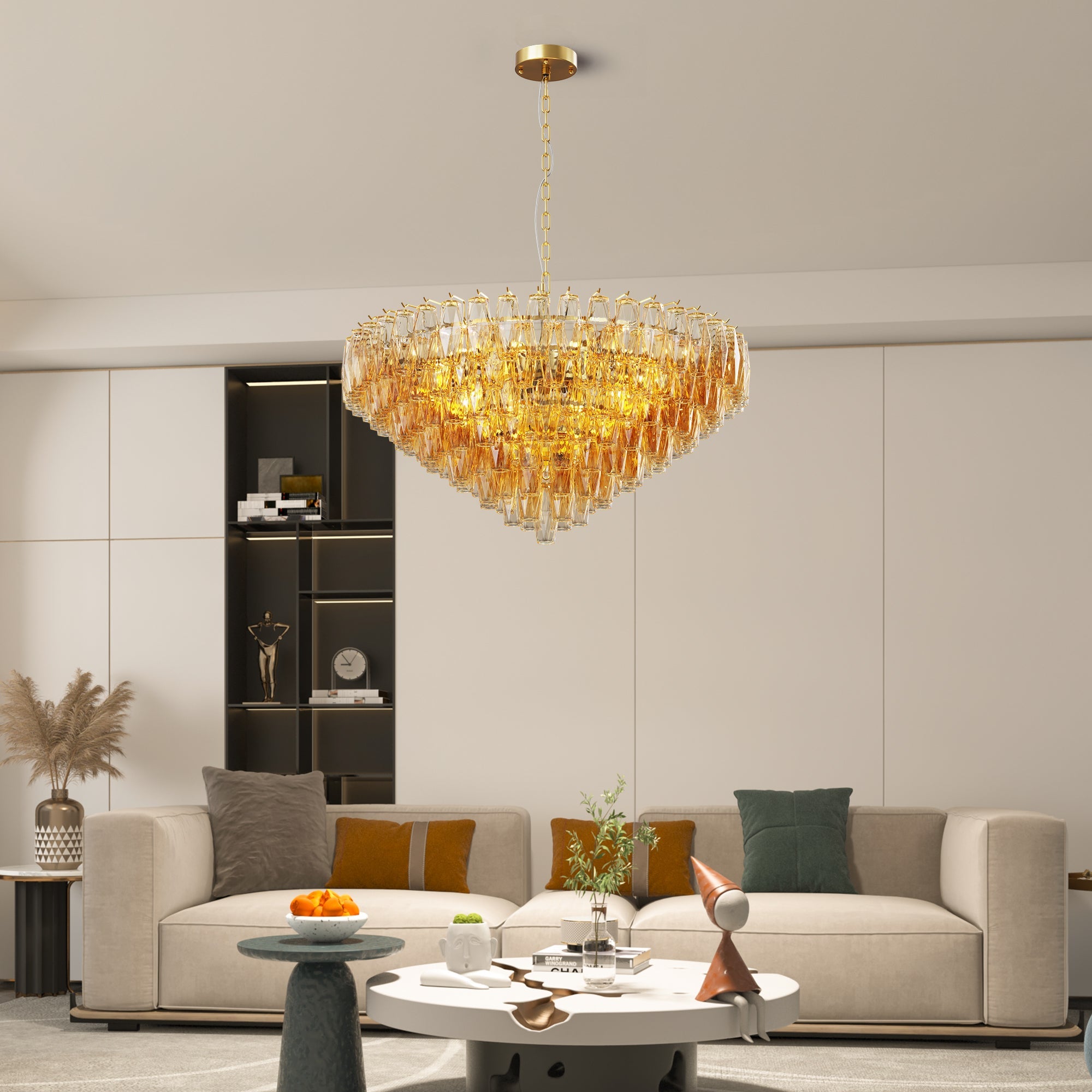 Jandcase 37in. Gold 14-Light Tiered Smoke Blown Glass Chandelier Modern Brass Light for Living Room Dining Room Bedroom Foyer Entryway
