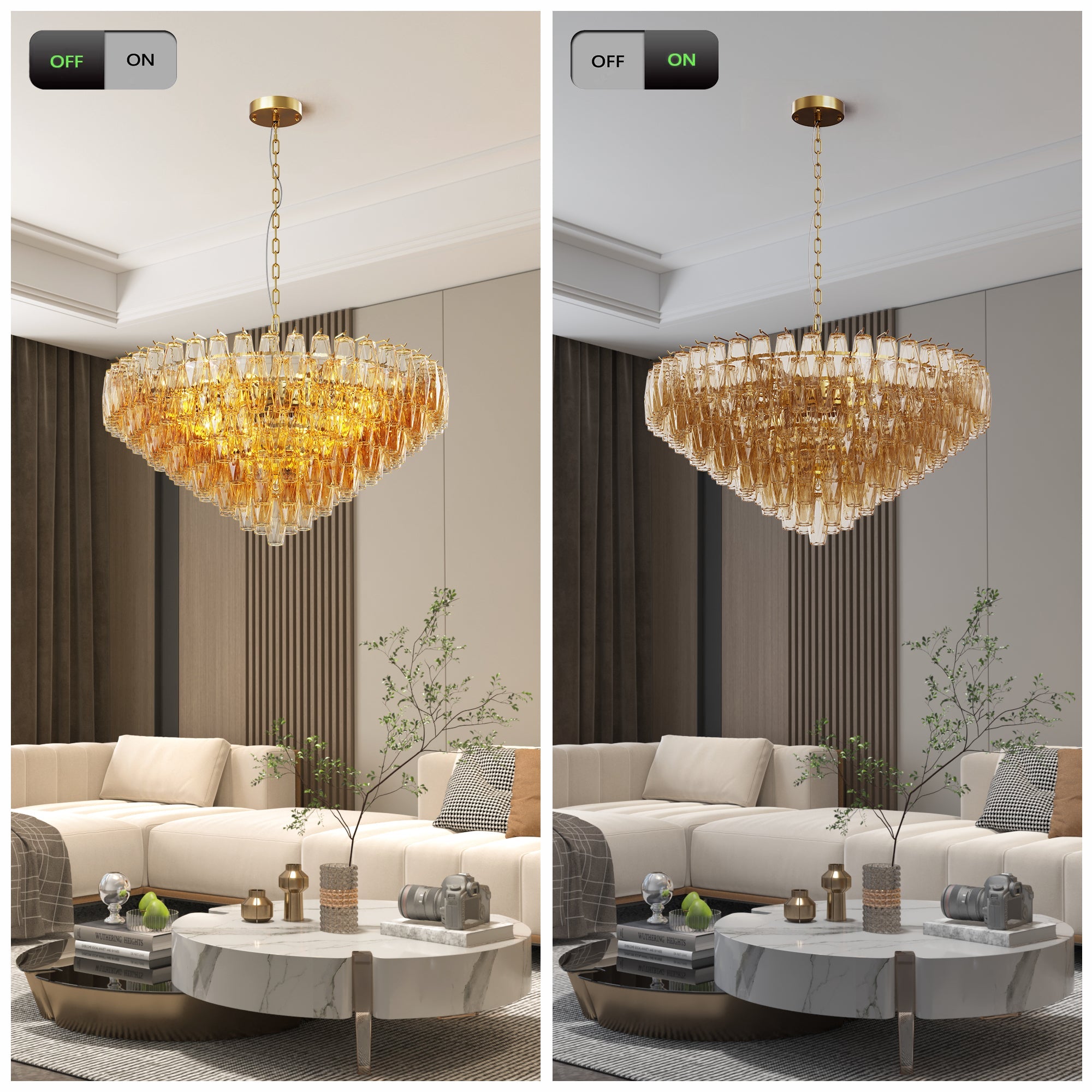 Jandcase 37in. Gold 14-Light Tiered Smoke Blown Glass Chandelier Modern Brass Light for Living Room Dining Room Bedroom Foyer Entryway