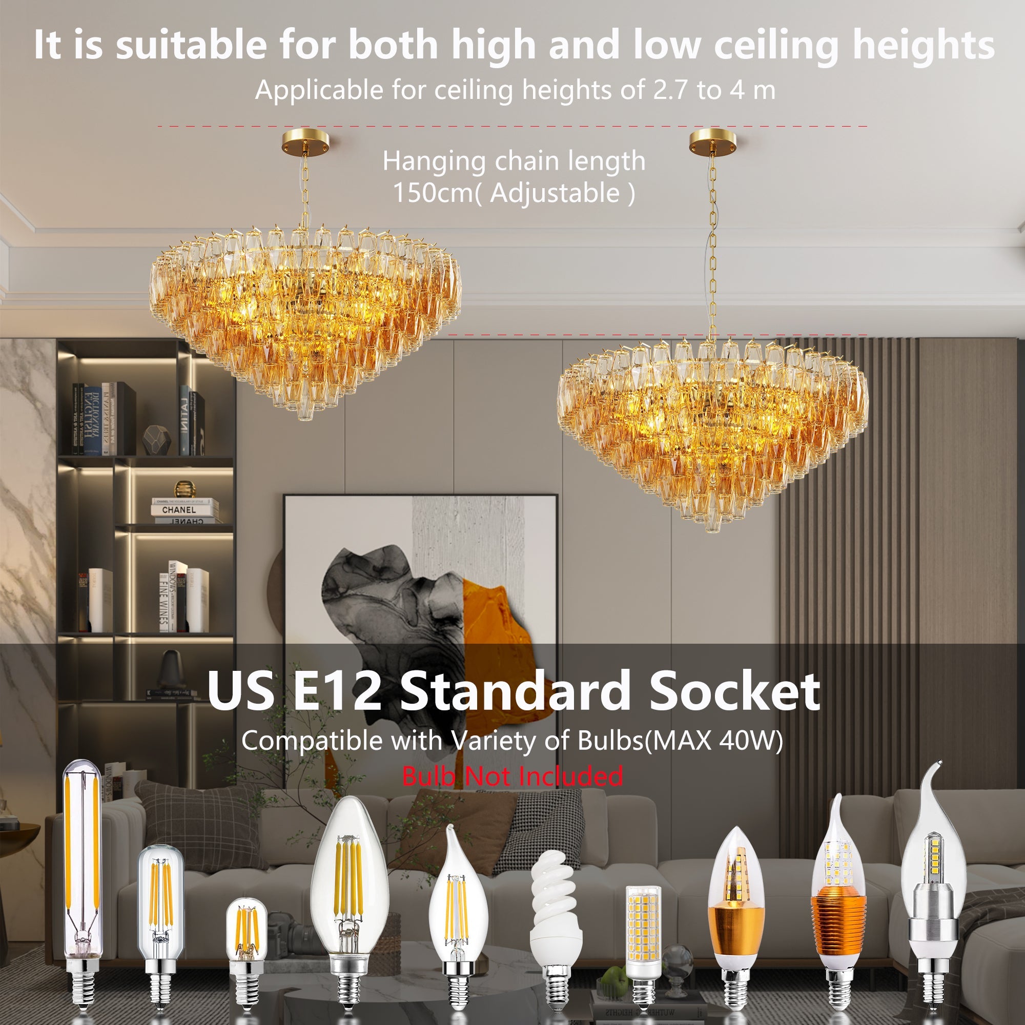 Jandcase 37in. Gold 14-Light Tiered Smoke Blown Glass Chandelier Modern Brass Light for Living Room Dining Room Bedroom Foyer Entryway