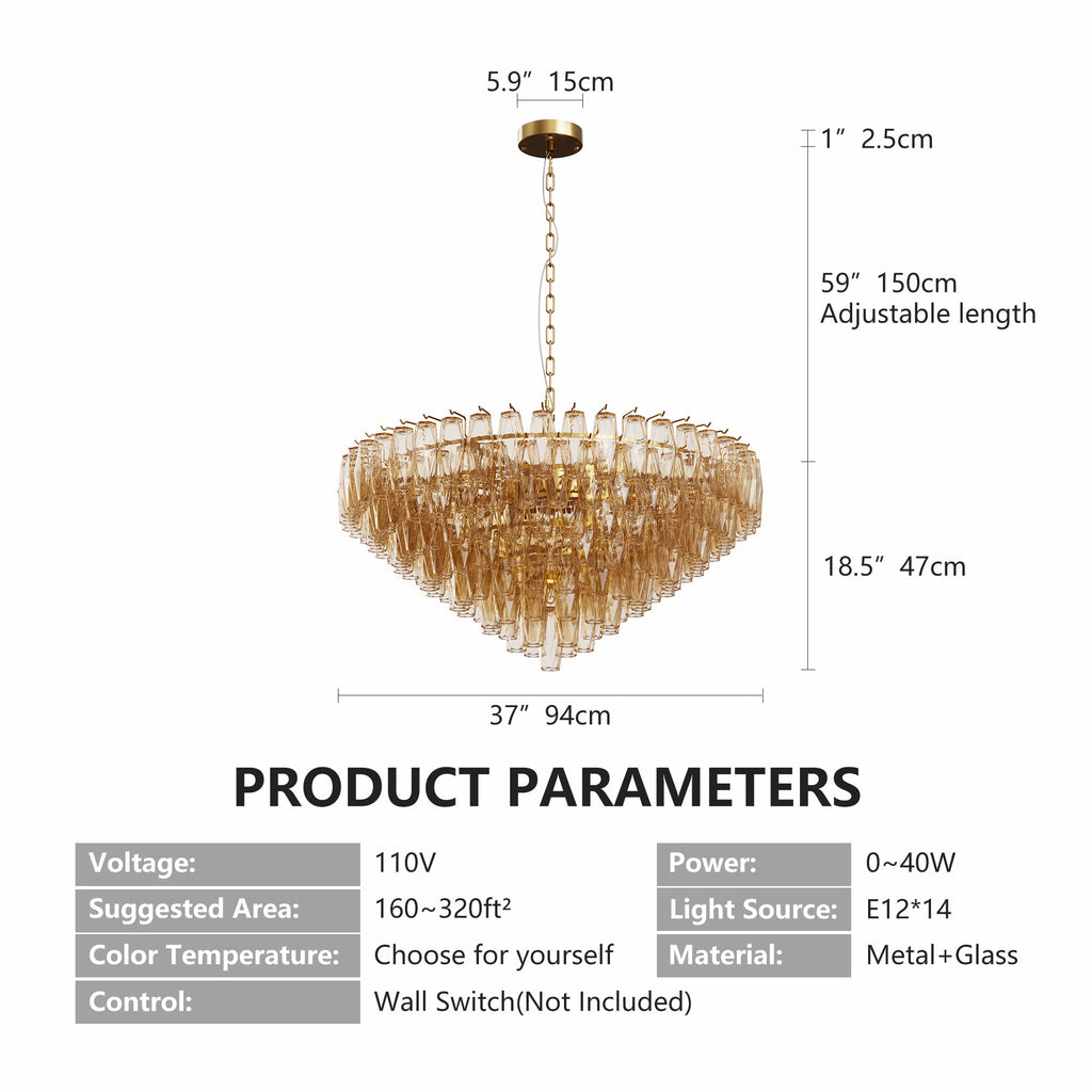 Jandcase 37in. Gold 14-Light Tiered Smoke Blown Glass Chandelier Modern Brass Light for Living Room Dining Room Bedroom Foyer Entryway