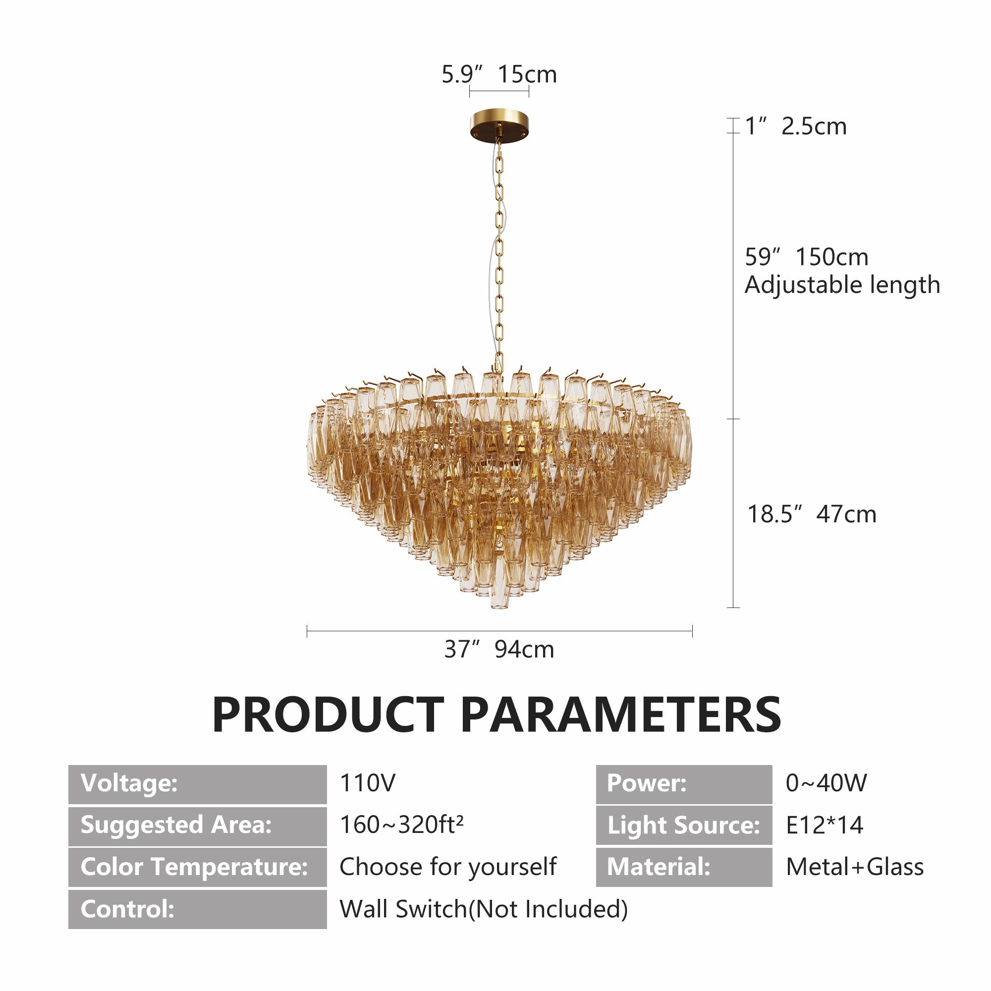 Jandcase 37in. Gold 14-Light Tiered Smoke Blown Glass Chandelier Modern Brass Light for Living Room Dining Room Bedroom Foyer Entryway