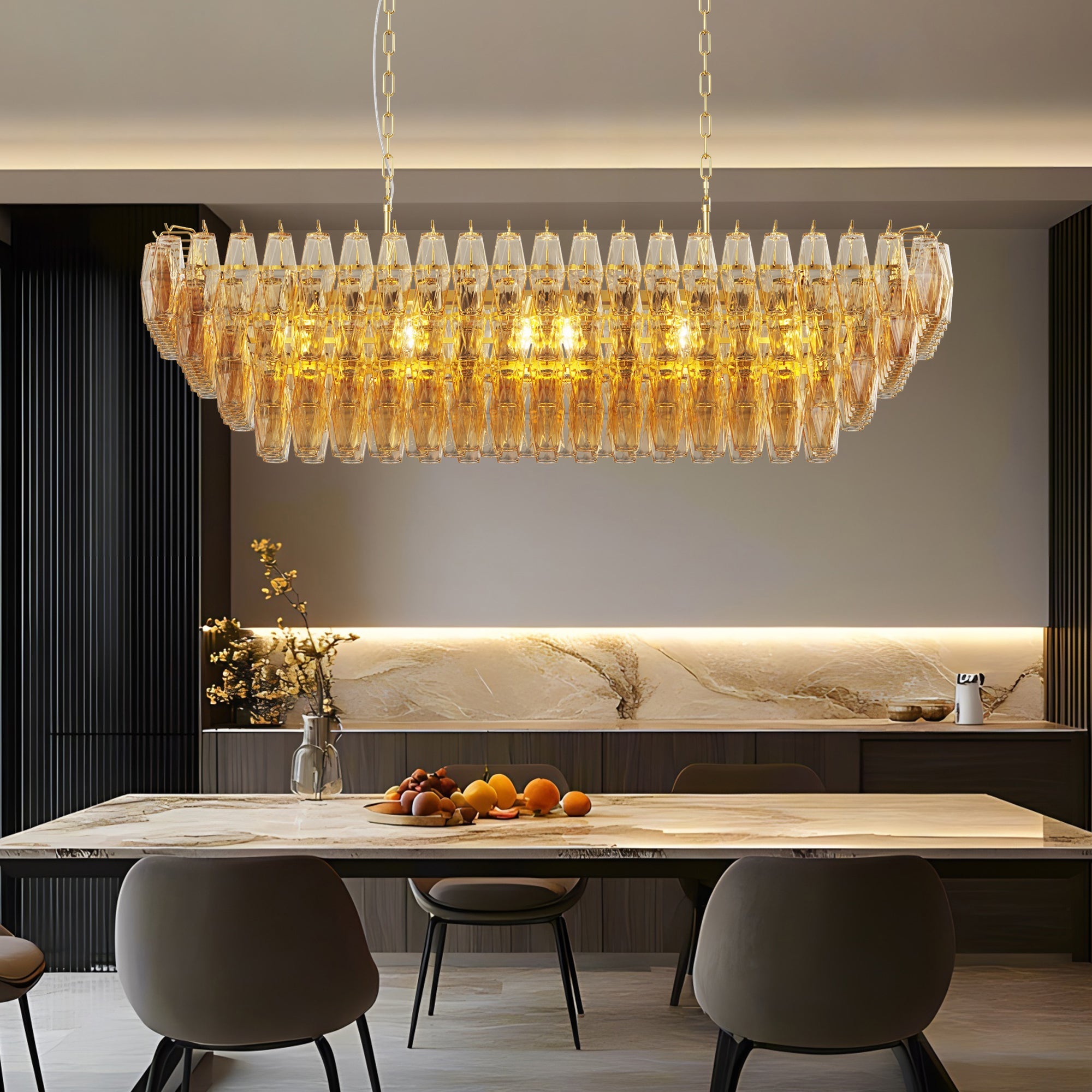 Jandcase 54in. Rectangle Gold Modern Chandelier 12-Light Smoke Glass Pendant for Dining Room Kitchen Island Living Room Bedroom