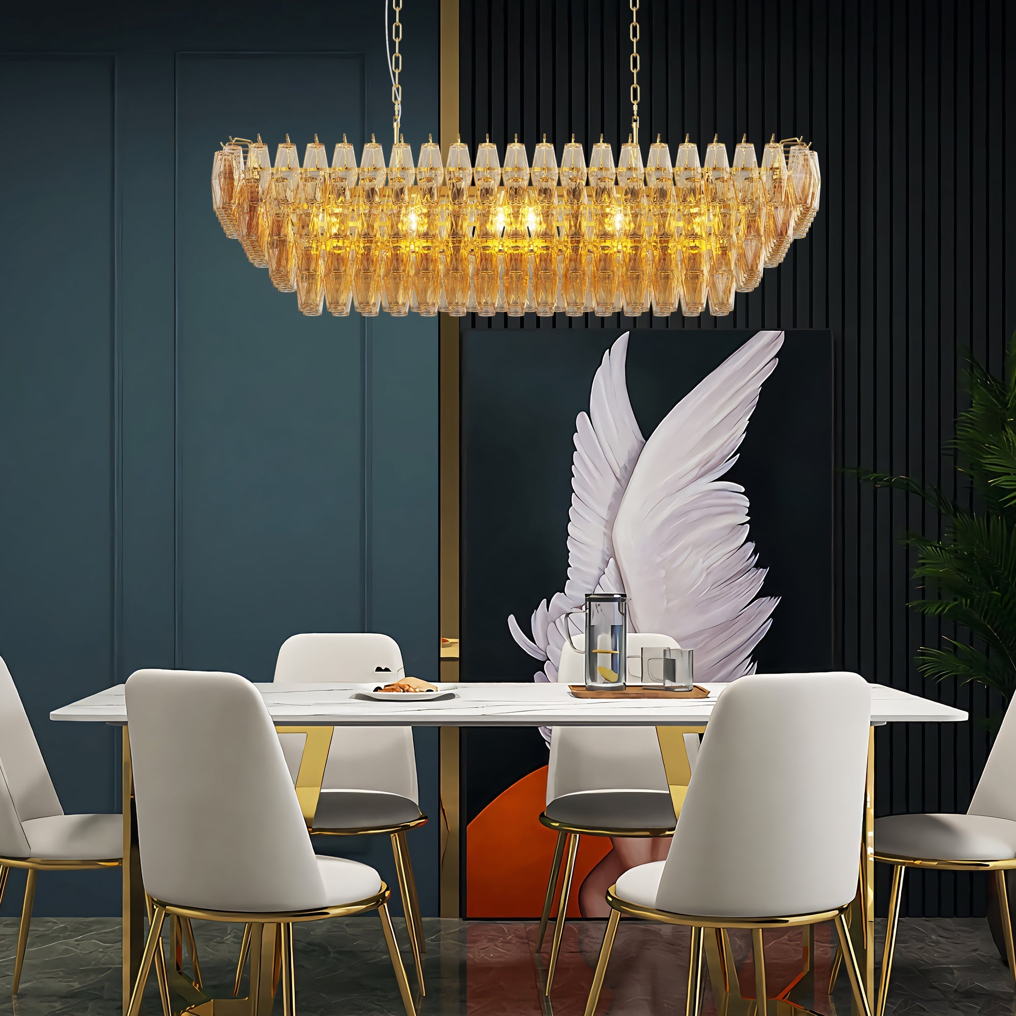Jandcase 54in. Rectangle Gold Modern Chandelier 12-Light Smoke Glass Pendant for Dining Room Kitchen Island Living Room Bedroom
