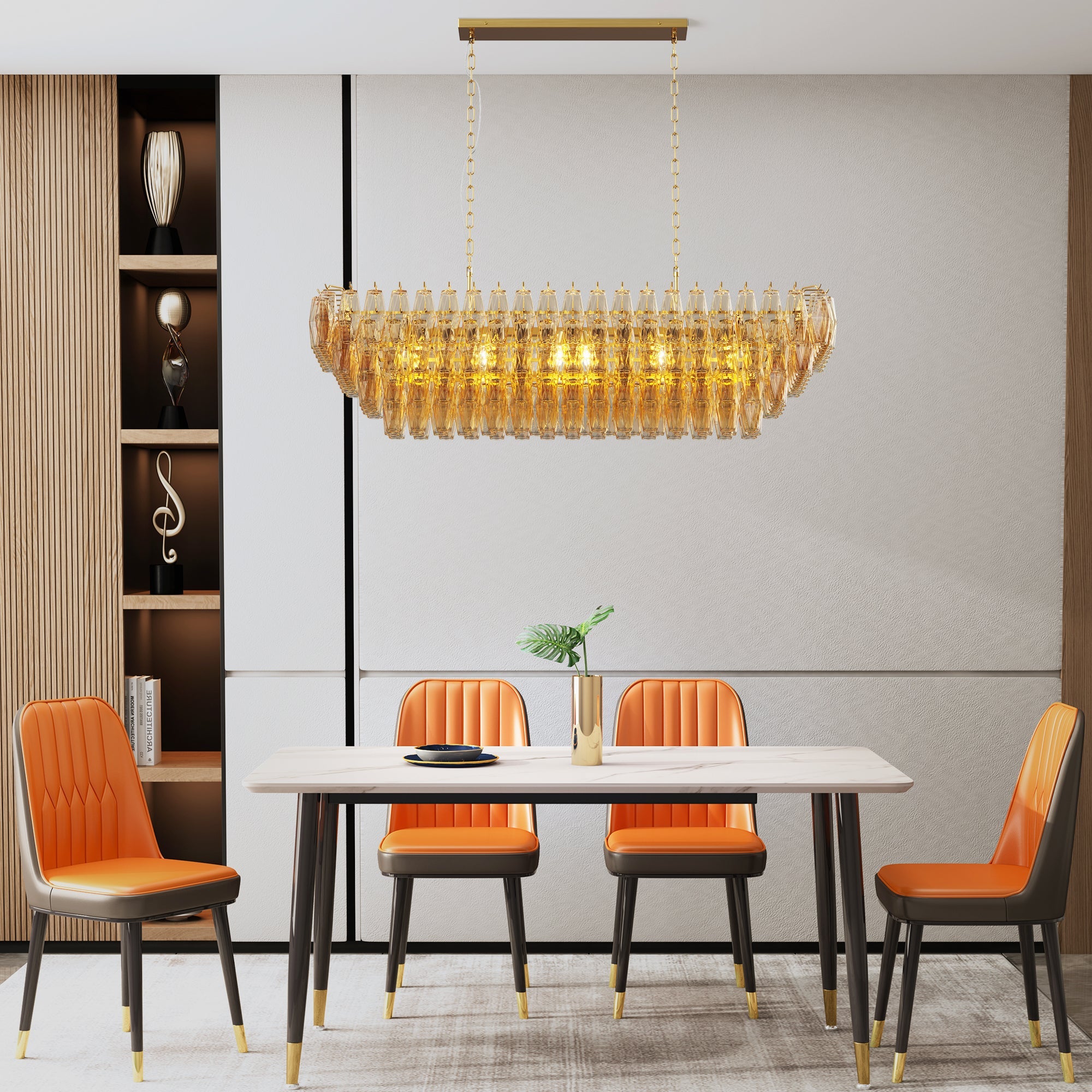 Jandcase 54in. Rectangle Gold Modern Chandelier 12-Light Smoke Glass Pendant for Dining Room Kitchen Island Living Room Bedroom
