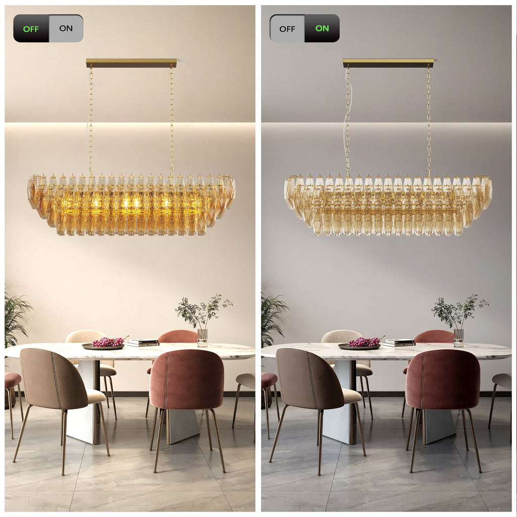 Jandcase 54in. Rectangle Gold Modern Chandelier 12-Light Smoke Glass Pendant for Dining Room Kitchen Island Living Room Bedroom