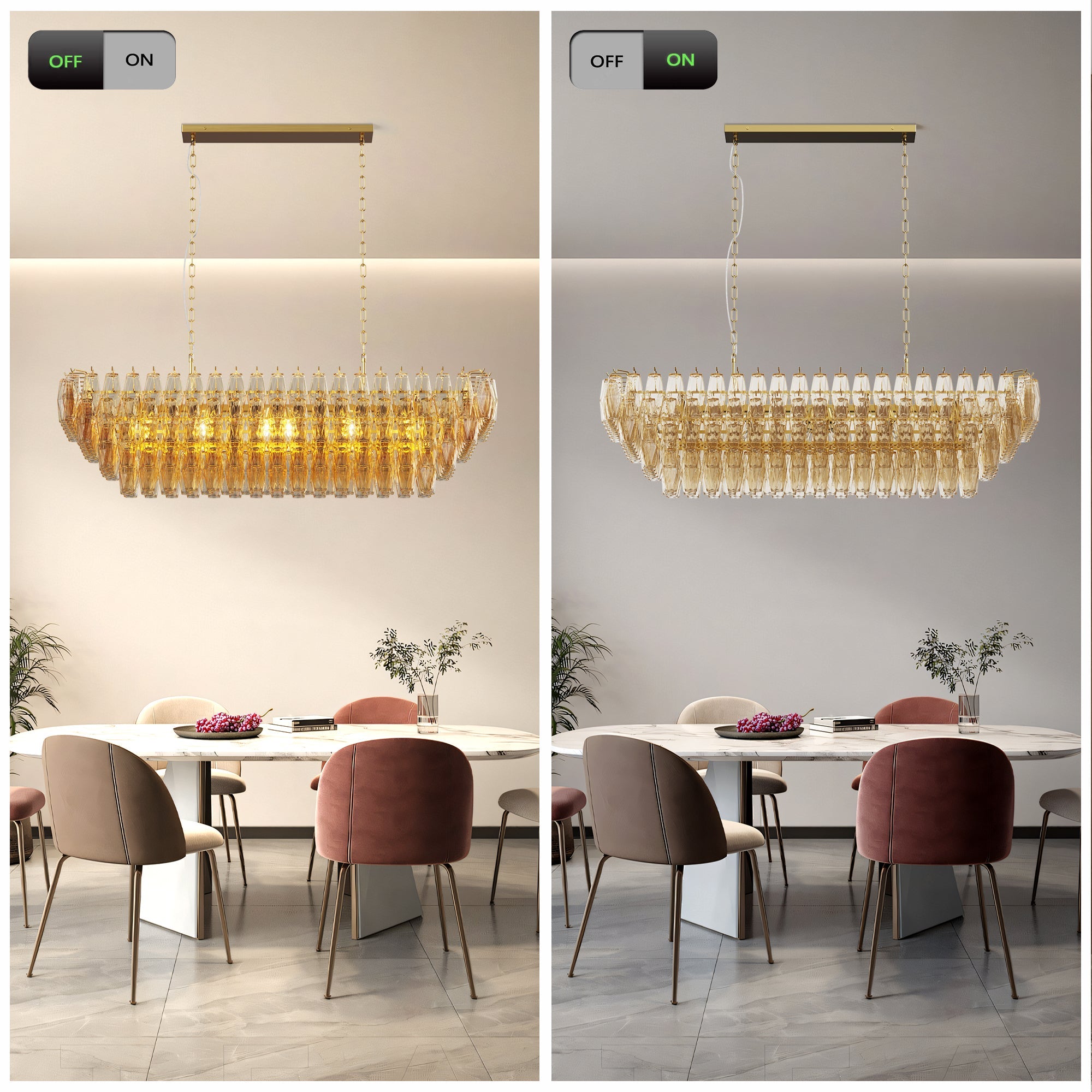 Jandcase 54in. Rectangle Gold Modern Chandelier 12-Light Smoke Glass Pendant for Dining Room Kitchen Island Living Room Bedroom