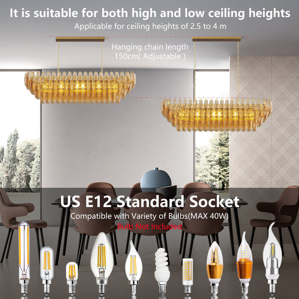 Jandcase 54in. Rectangle Gold Modern Chandelier 12-Light Smoke Glass Pendant for Dining Room Kitchen Island Living Room Bedroom