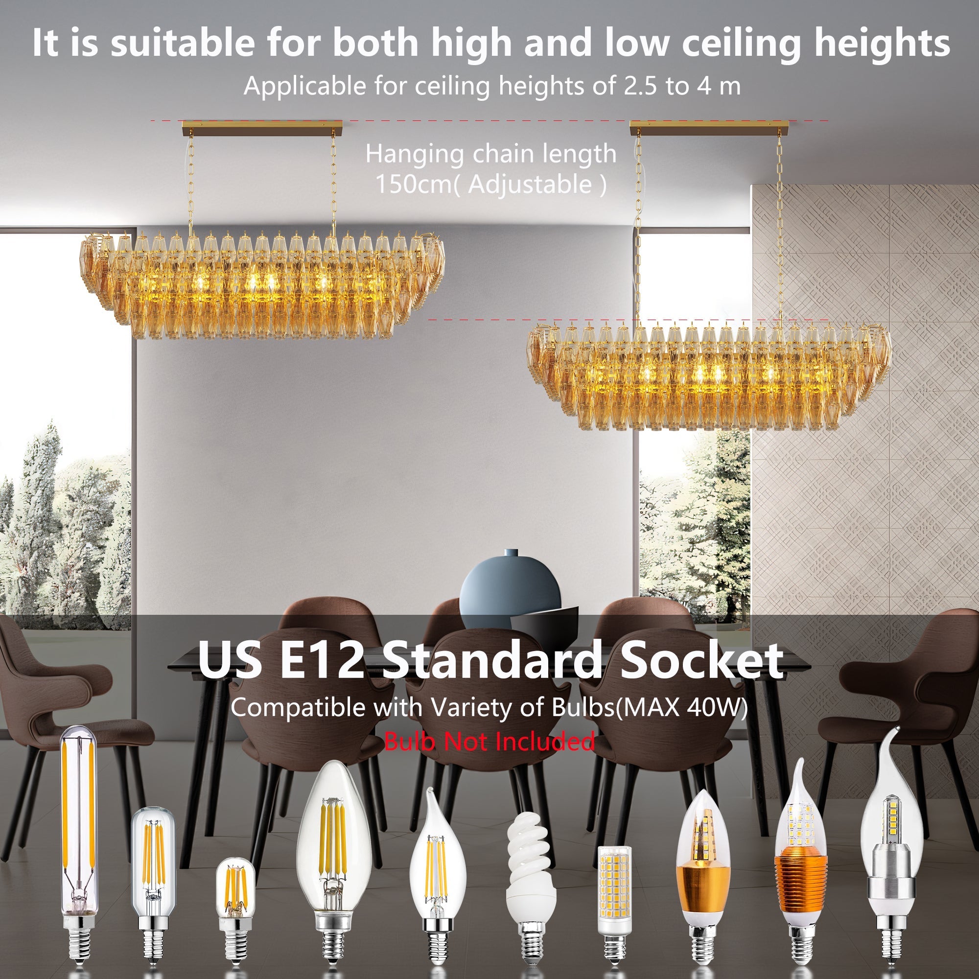 Jandcase 54in. Rectangle Gold Modern Chandelier 12-Light Smoke Glass Pendant for Dining Room Kitchen Island Living Room Bedroom