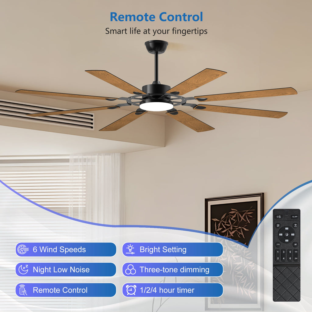 Jandcase72-Inch 8-Blade Large Ceiling Fan,Reversible Quiet DC Motor,Indoor/Outdoor Modern Ceiling Fan,Suitable for Kitchen,Living Room and Terrace,Black.
