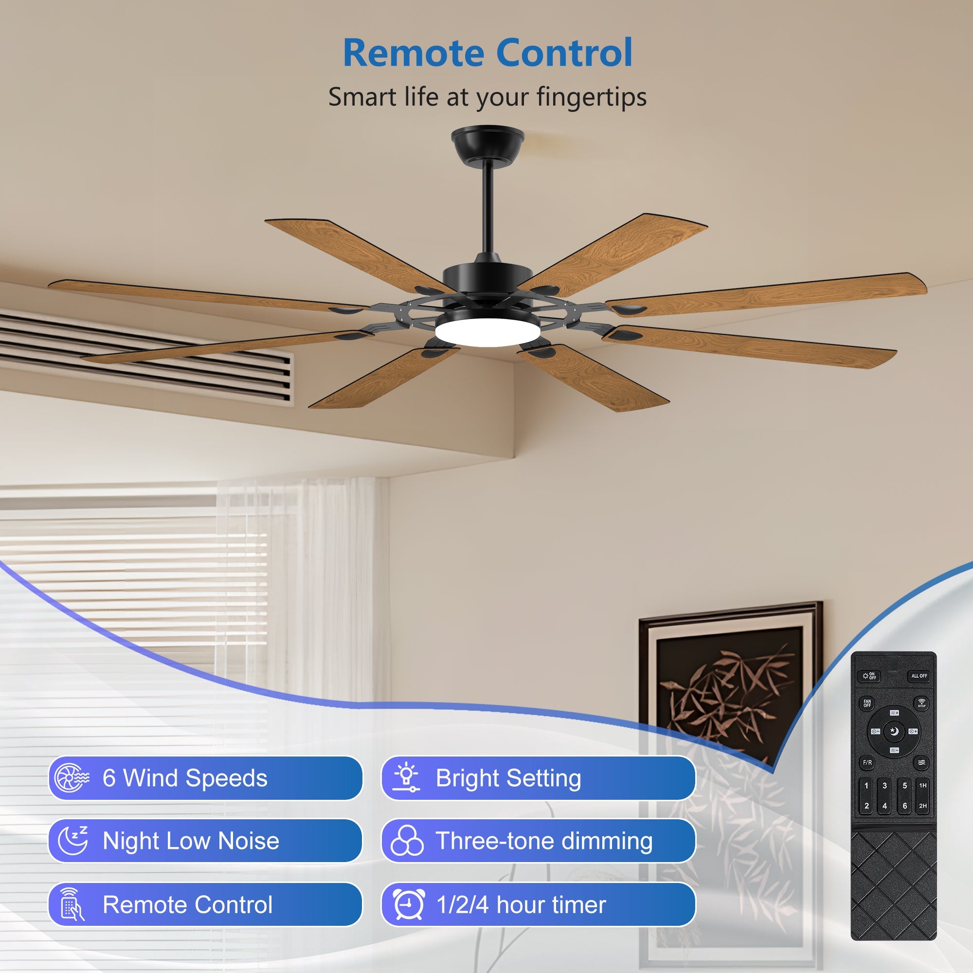 Jandcase72-Inch 8-Blade Large Ceiling Fan,Reversible Quiet DC Motor,Indoor/Outdoor Modern Ceiling Fan,Suitable for Kitchen,Living Room and Terrace,Black.