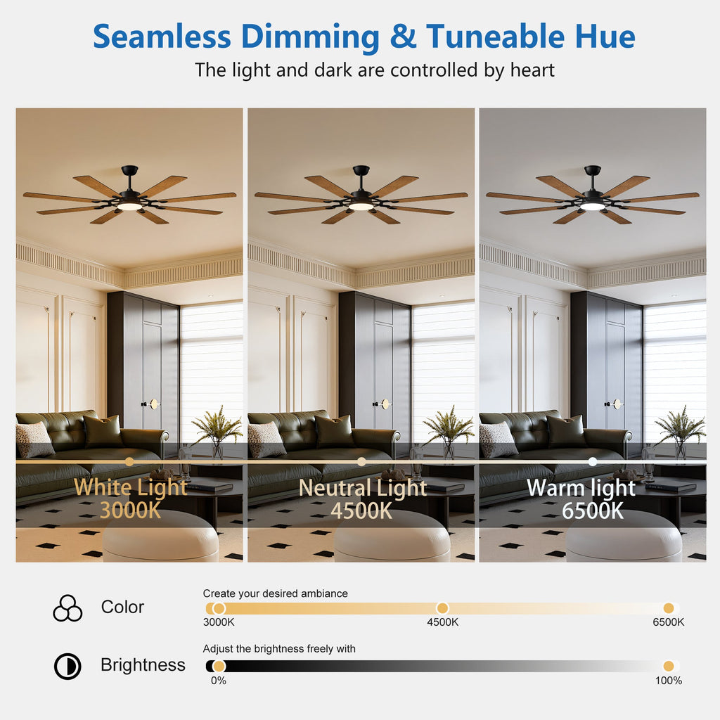 Jandcase72-Inch 8-Blade Large Ceiling Fan,Reversible Quiet DC Motor,Indoor/Outdoor Modern Ceiling Fan,Suitable for Kitchen,Living Room and Terrace,Black.