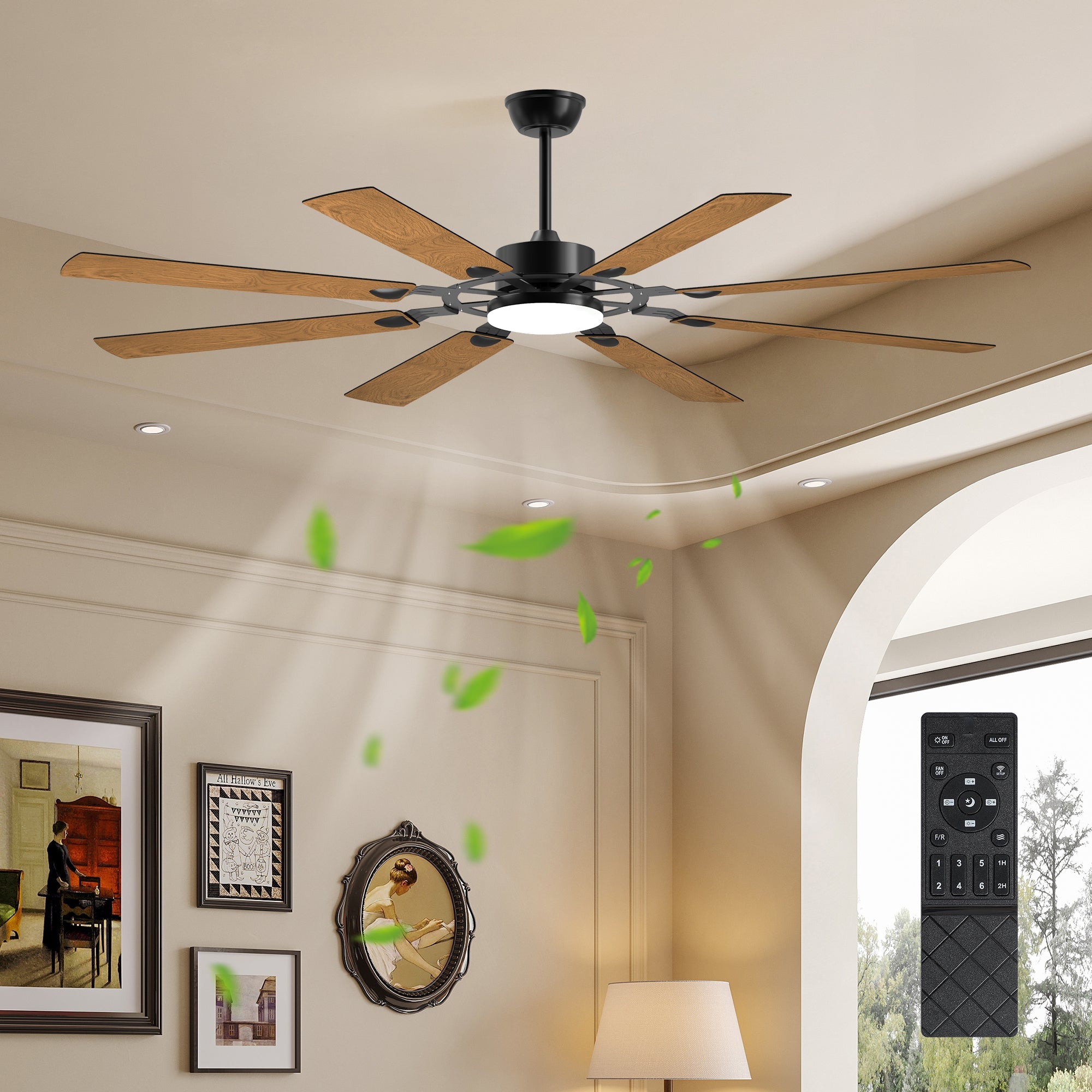 Jandcase72-Inch 8-Blade Large Ceiling Fan,Reversible Quiet DC Motor,Indoor/Outdoor Modern Ceiling Fan,Suitable for Kitchen,Living Room and Terrace,Black.