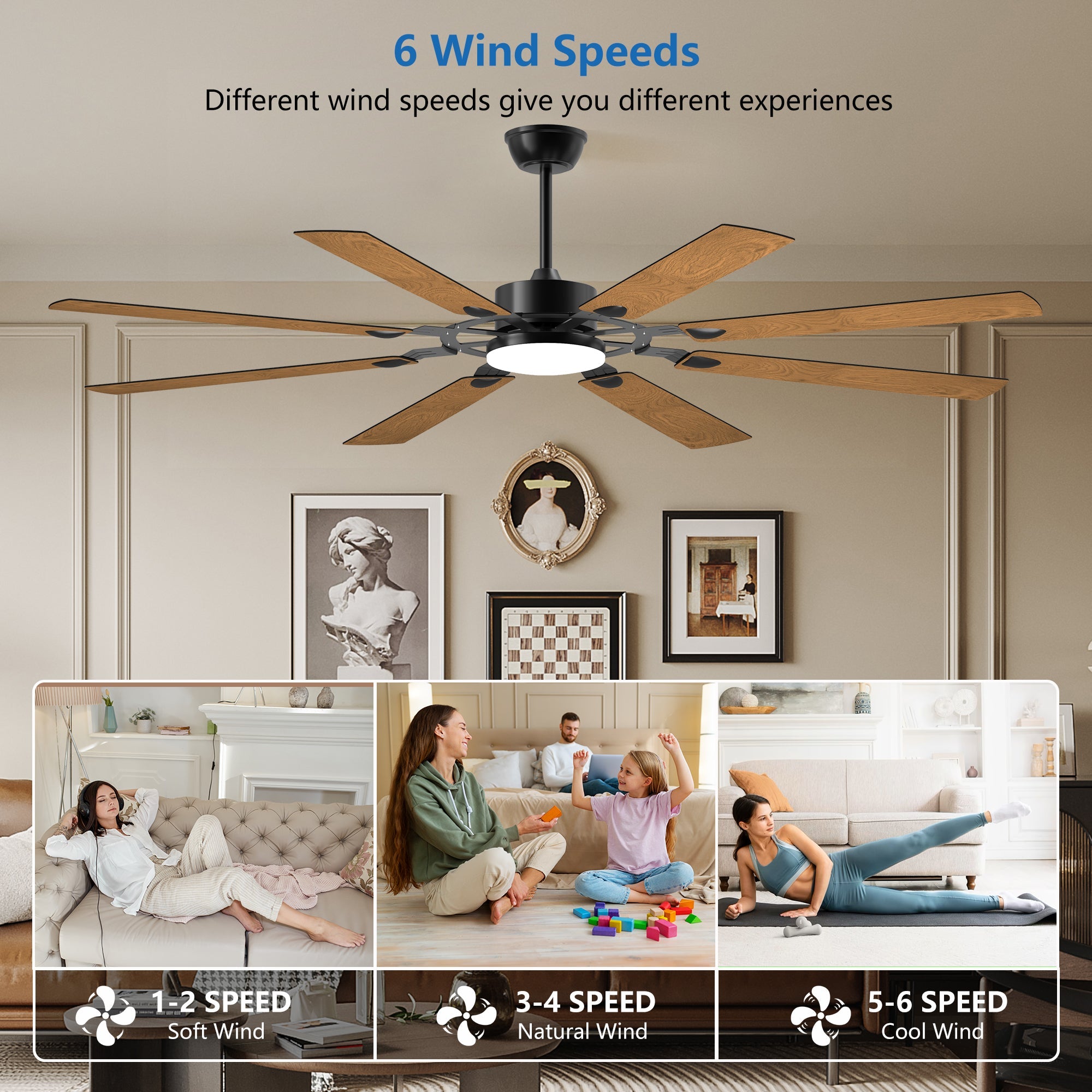 Jandcase72-Inch 8-Blade Large Ceiling Fan,Reversible Quiet DC Motor,Indoor/Outdoor Modern Ceiling Fan,Suitable for Kitchen,Living Room and Terrace,Black.