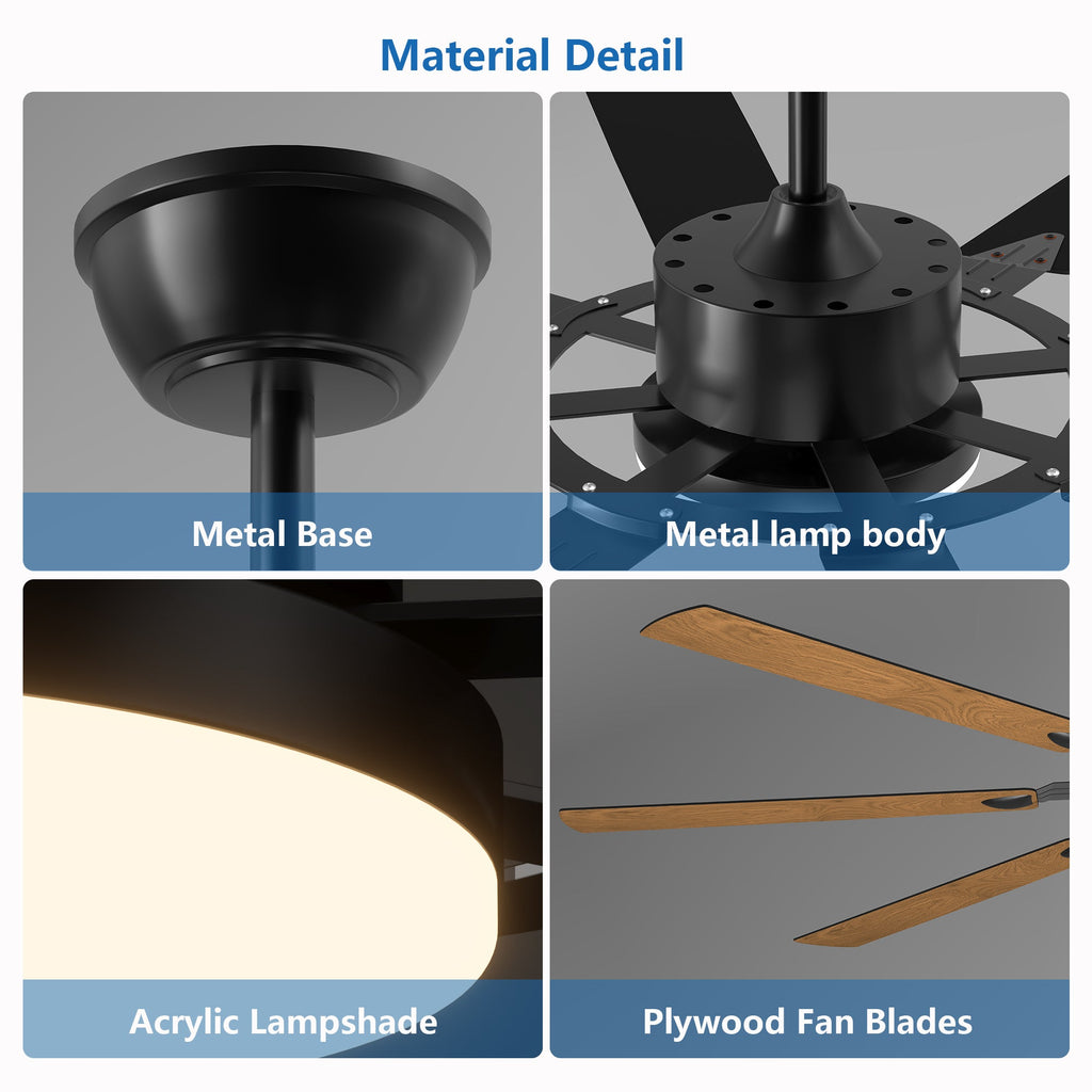 Jandcase72-Inch 8-Blade Large Ceiling Fan,Reversible Quiet DC Motor,Indoor/Outdoor Modern Ceiling Fan,Suitable for Kitchen,Living Room and Terrace,Black.
