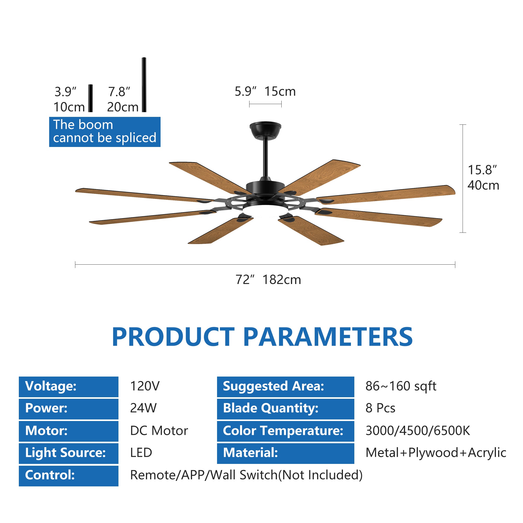 Jandcase72-Inch 8-Blade Large Ceiling Fan,Reversible Quiet DC Motor,Indoor/Outdoor Modern Ceiling Fan,Suitable for Kitchen,Living Room and Terrace,Black.