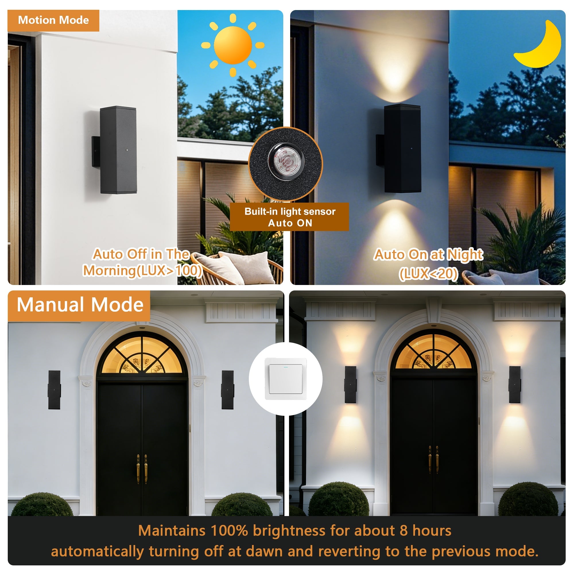 Jandcase 2-Pack 11.8 in. Black Dusk to Dawn Outdoor Wall Lanterns Modern LED Aluminum Exterior Sconce Lights for Porch Patio Garage Entryway