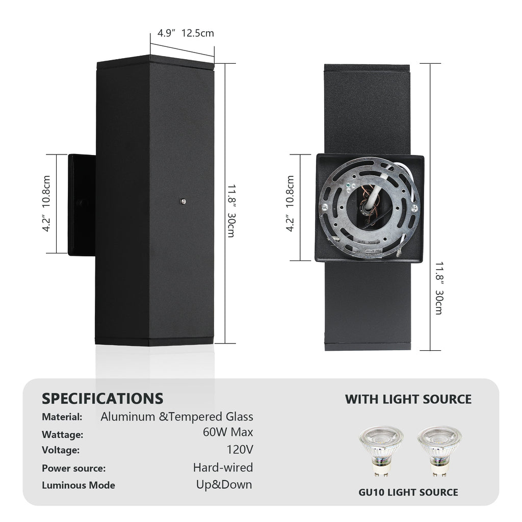 Jandcase 2-Pack 11.8 in. Black Dusk to Dawn Outdoor Wall Lanterns Modern LED Aluminum Exterior Sconce Lights for Porch Patio Garage Entryway