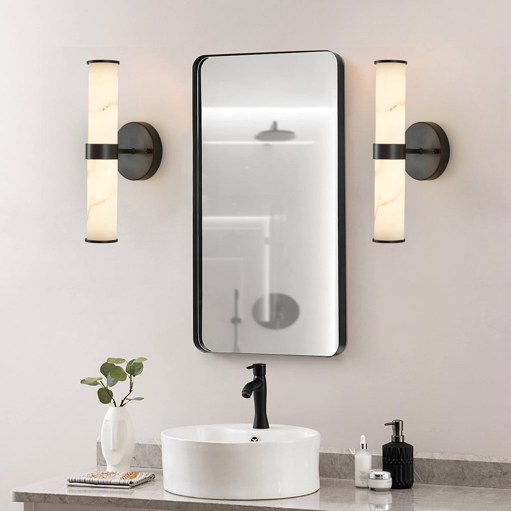 Jandcase 2-Pack Marble Texture Wall Light Black Iron Frame Indoor Wall Sconce Elegant Fixture for Hallway Bathroom Bedroom Lighting