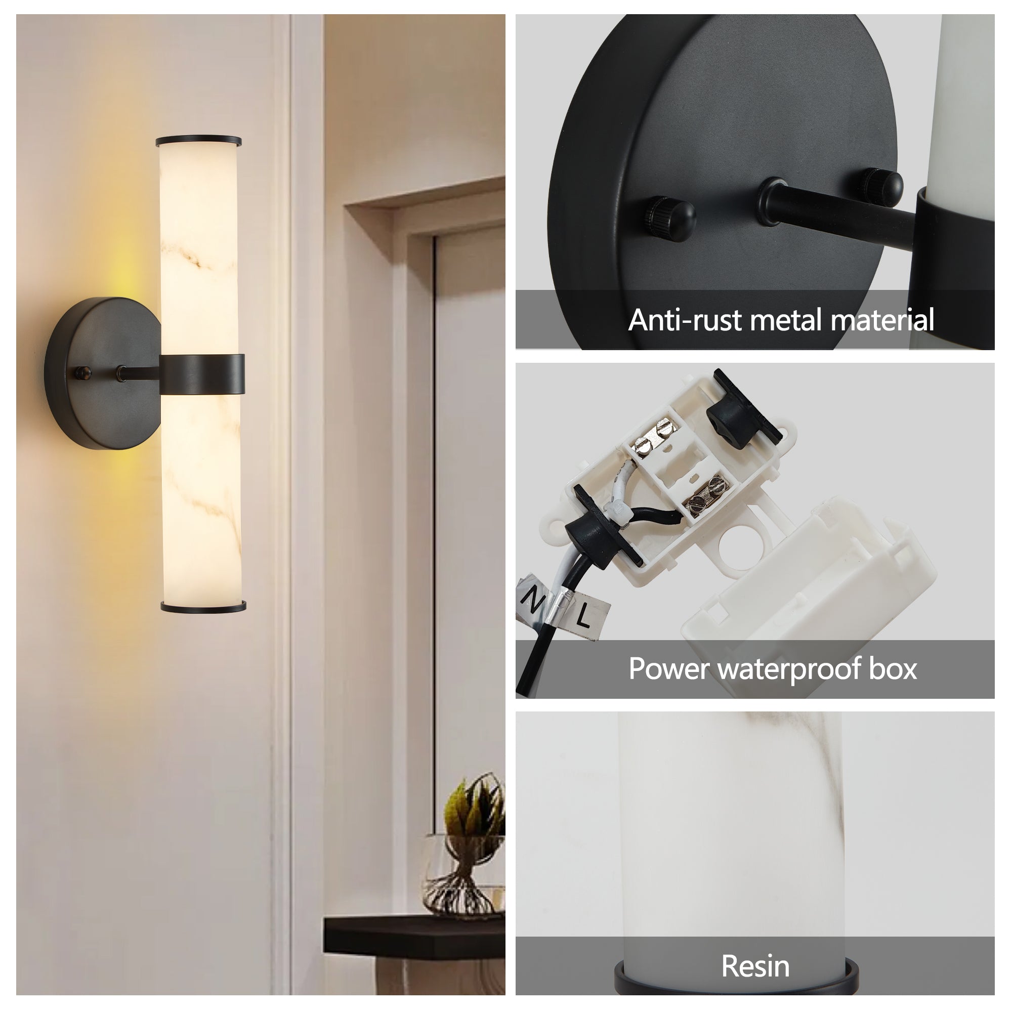 Jandcase 2-Pack Marble Texture Wall Light Black Iron Frame Indoor Wall Sconce Elegant Fixture for Hallway Bathroom Bedroom Lighting