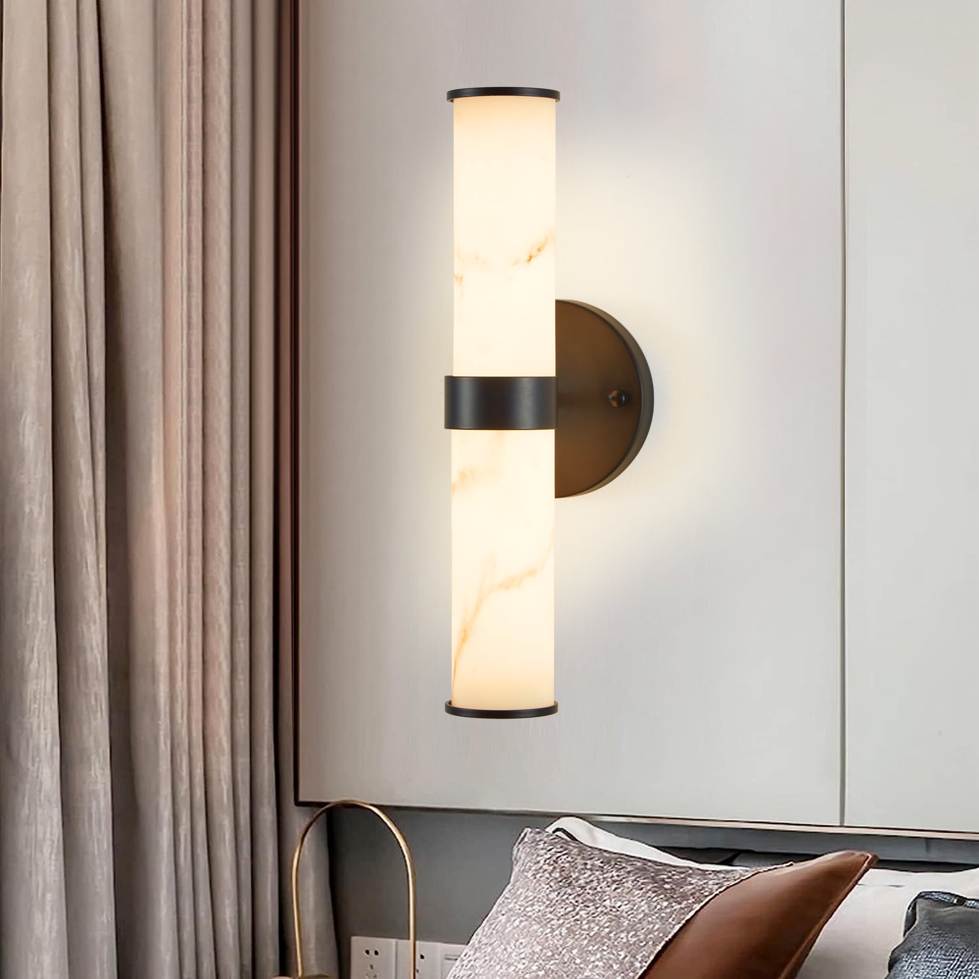 Jandcase 2-Pack Marble Texture Wall Light Black Iron Frame Indoor Wall Sconce Elegant Fixture for Hallway Bathroom Bedroom Lighting
