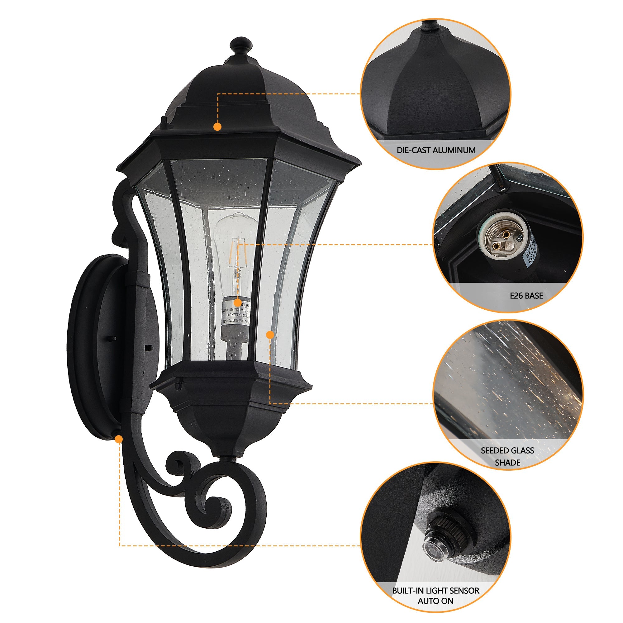 Jandcase 27in Outdoor Wall Lantern Dusk to Dawn Sensor Black Weatherproof Vintage Exterior Light Fixture Clear Bubble Glass Porch Patio Entryway Garage