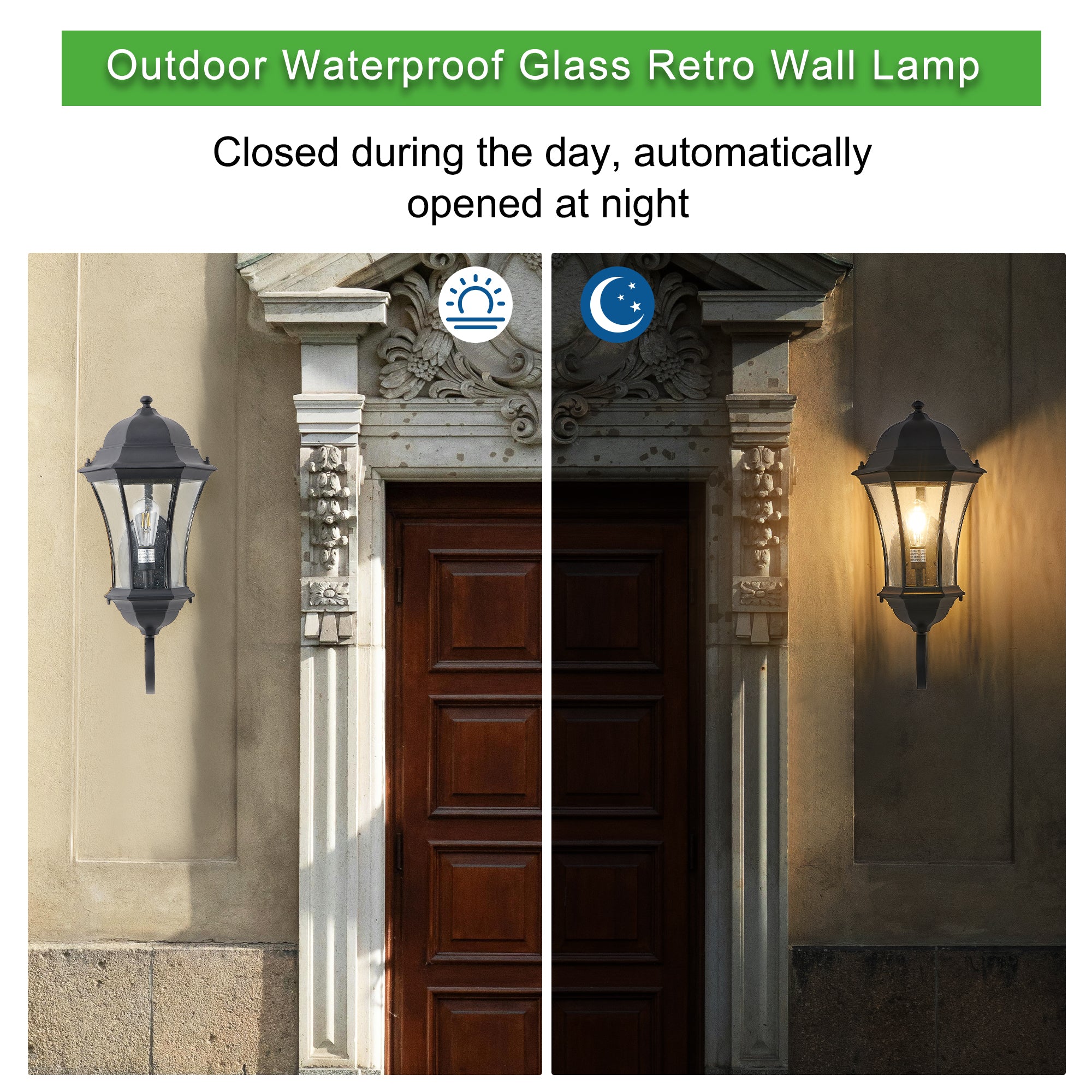 Jandcase 27in Outdoor Wall Lantern Dusk to Dawn Sensor Black Weatherproof Vintage Exterior Light Fixture Clear Bubble Glass Porch Patio Entryway Garage