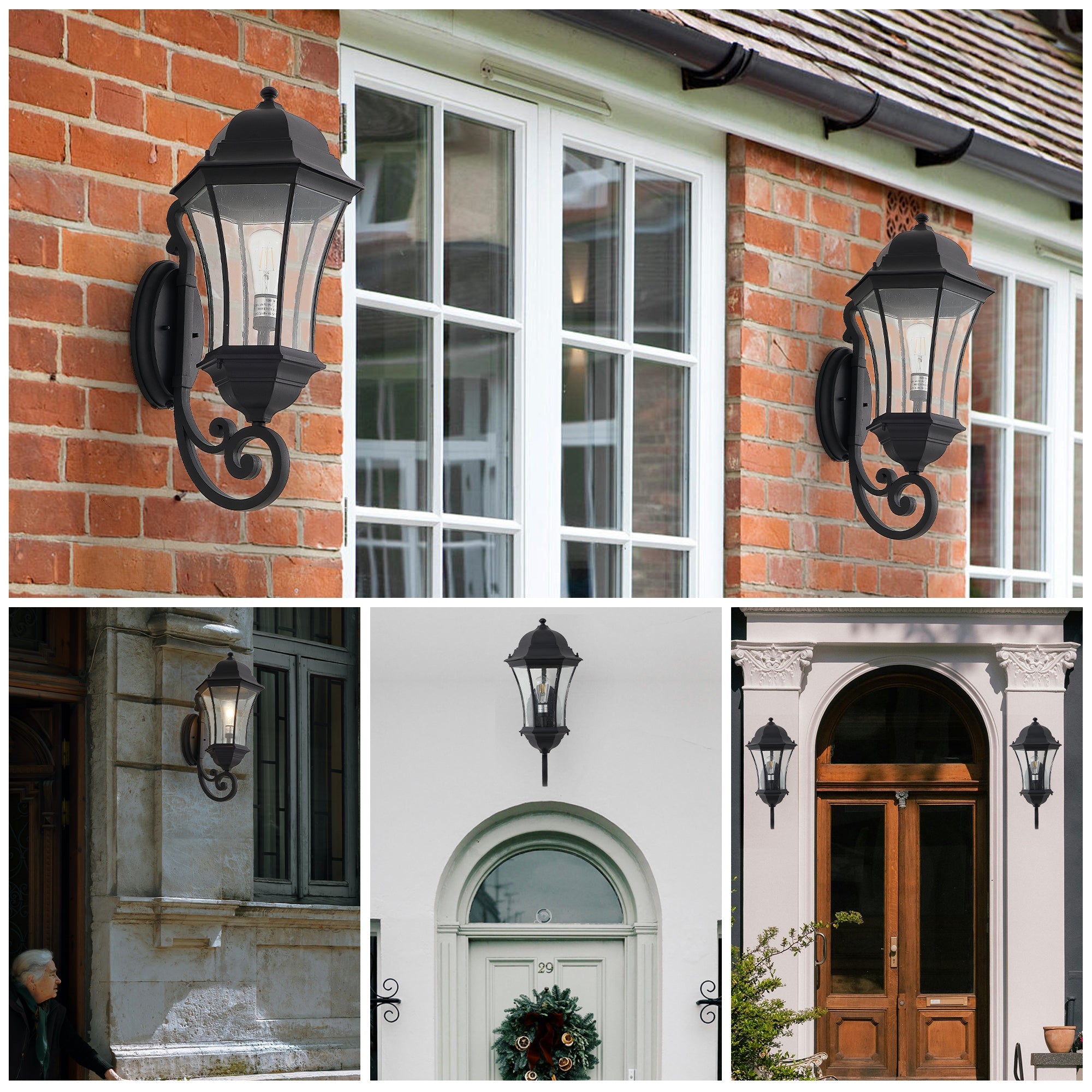 Jandcase 27in Outdoor Wall Lantern Dusk to Dawn Sensor Black Weatherproof Vintage Exterior Light Fixture Clear Bubble Glass Porch Patio Entryway Garage