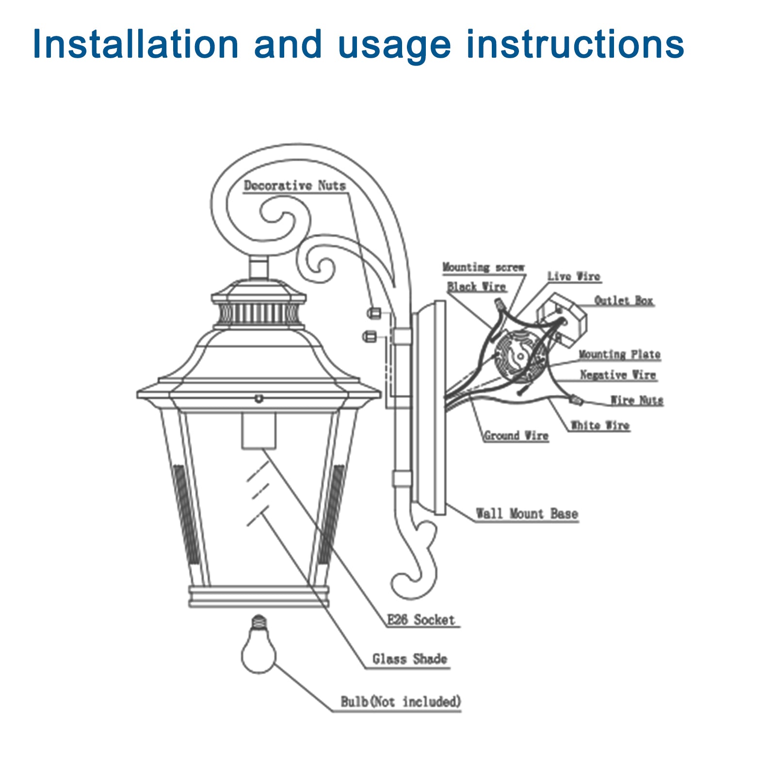 Jandcase 21in Outdoor Wall Lantern Vintage Black Metal Clear Glass Sconce Decorative Scroll Design Porch Patio Garden Lighting Fixture