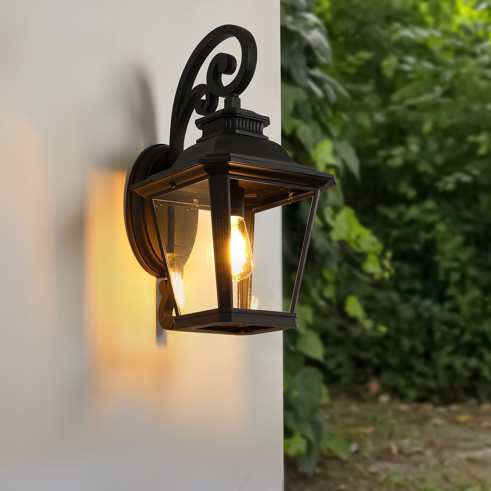 Jandcase 21in Outdoor Wall Lantern Vintage Black Metal Clear Glass Sconce Decorative Scroll Design Porch Patio Garden Lighting Fixture