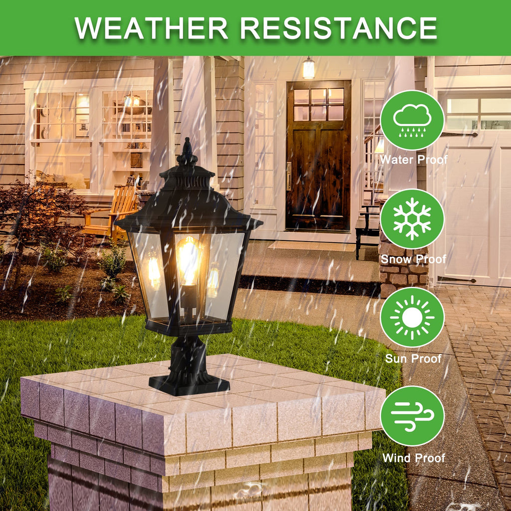 Jandcase 21in Outdoor Post Lantern Vintage Black Metal Clear Glass Pillar Light Garden Gate Driveway Pathway Lighting Fixture Elegant Design