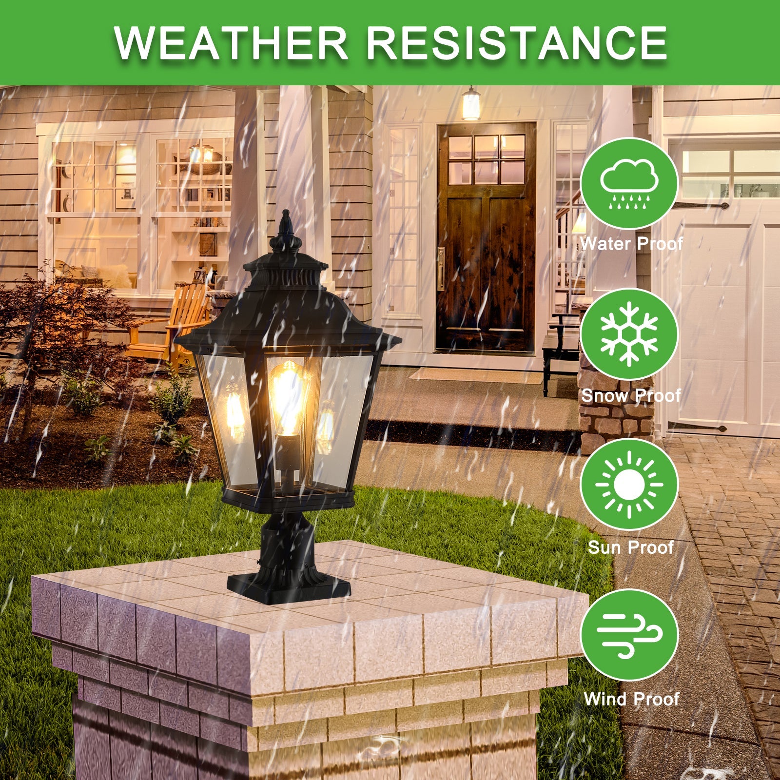 Jandcase 21in Outdoor Post Lantern Vintage Black Metal Clear Glass Pillar Light Garden Gate Driveway Pathway Lighting Fixture Elegant Design