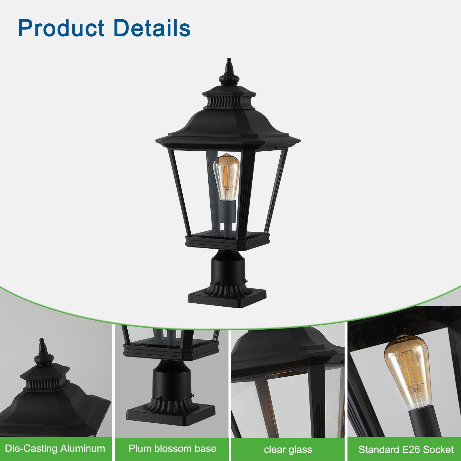 Jandcase 21in Outdoor Post Lantern Vintage Black Metal Clear Glass Pillar Light Garden Gate Driveway Pathway Lighting Fixture Elegant Design