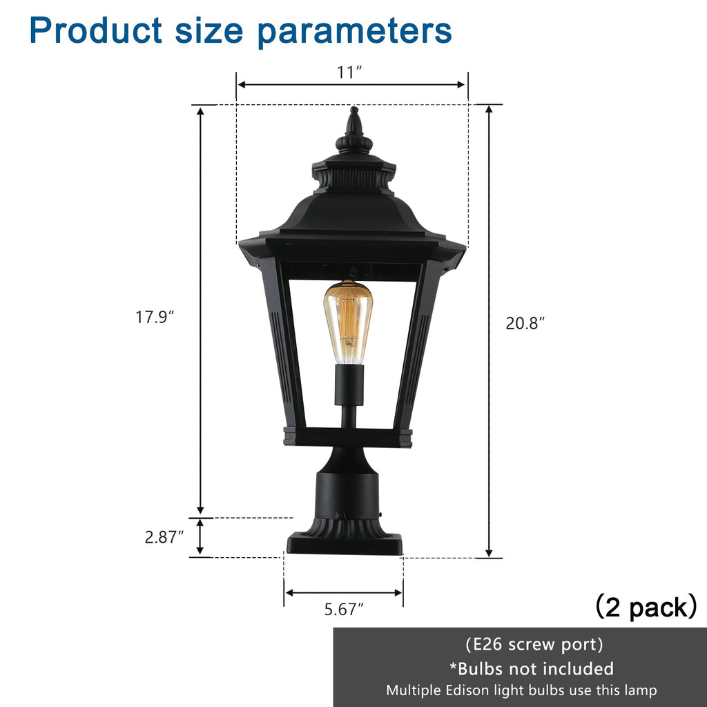 Jandcase 21in Outdoor Post Lantern Vintage Black Metal Clear Glass Pillar Light Garden Gate Driveway Pathway Lighting Fixture Elegant Design