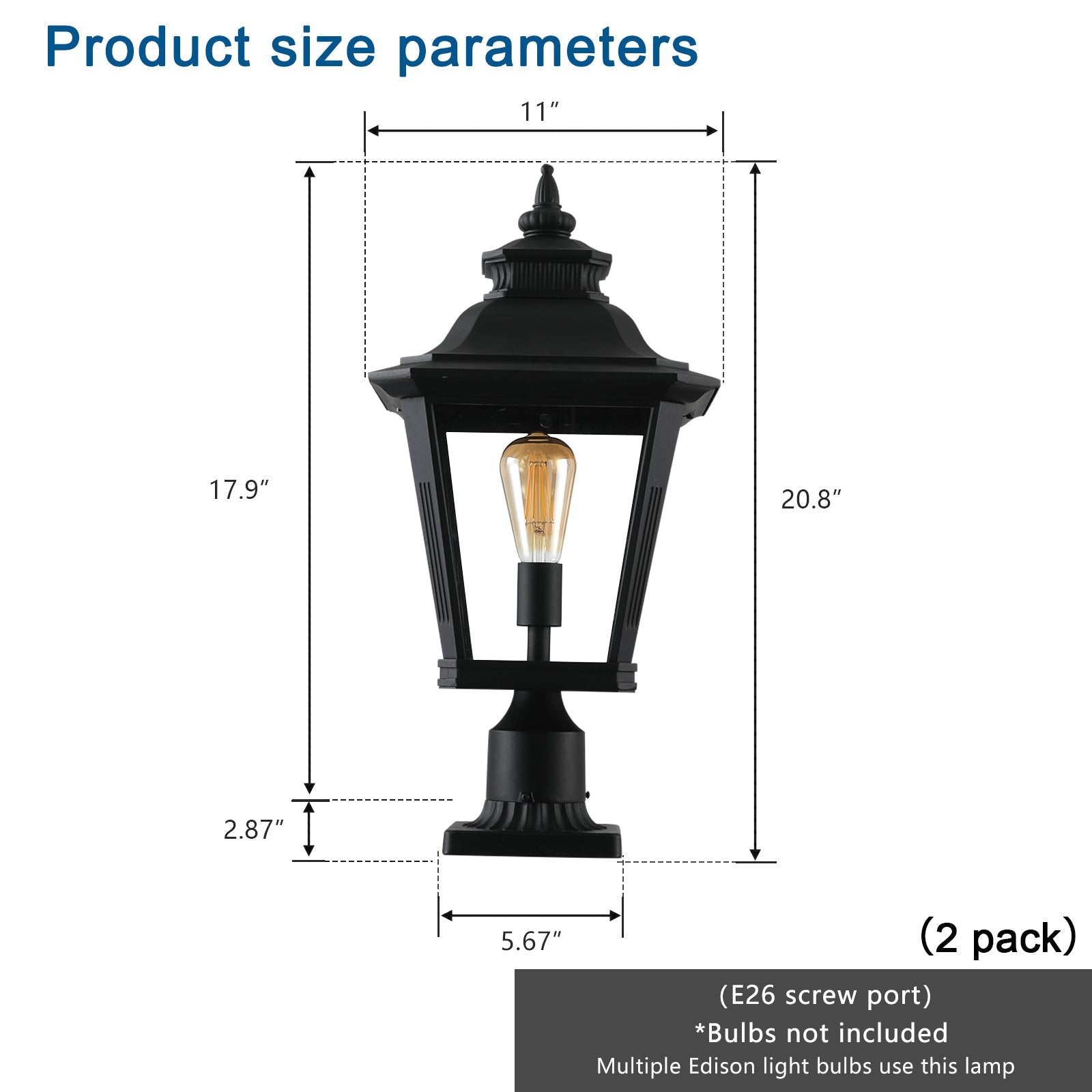 Jandcase 21in Outdoor Post Lantern Vintage Black Metal Clear Glass Pillar Light Garden Gate Driveway Pathway Lighting Fixture Elegant Design