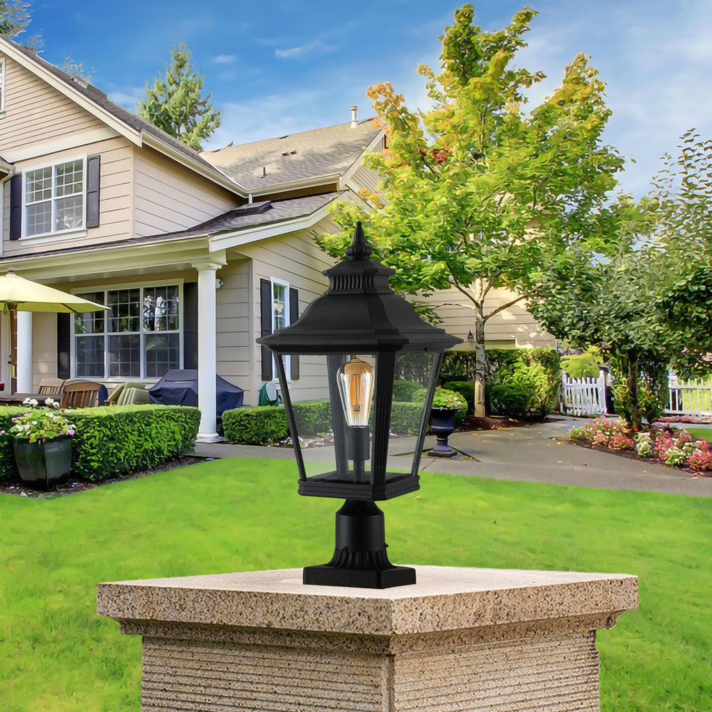 Jandcase 21in Outdoor Post Lantern Vintage Black Metal Clear Glass Pillar Light Garden Gate Driveway Pathway Lighting Fixture Elegant Design