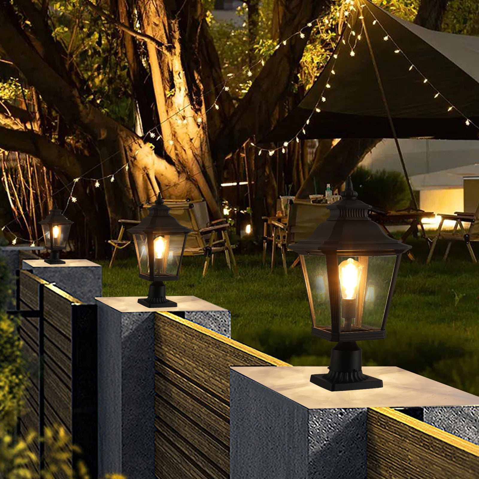 Jandcase 21in Outdoor Post Lantern Vintage Black Metal Clear Glass Pillar Light Garden Gate Driveway Pathway Lighting Fixture Elegant Design