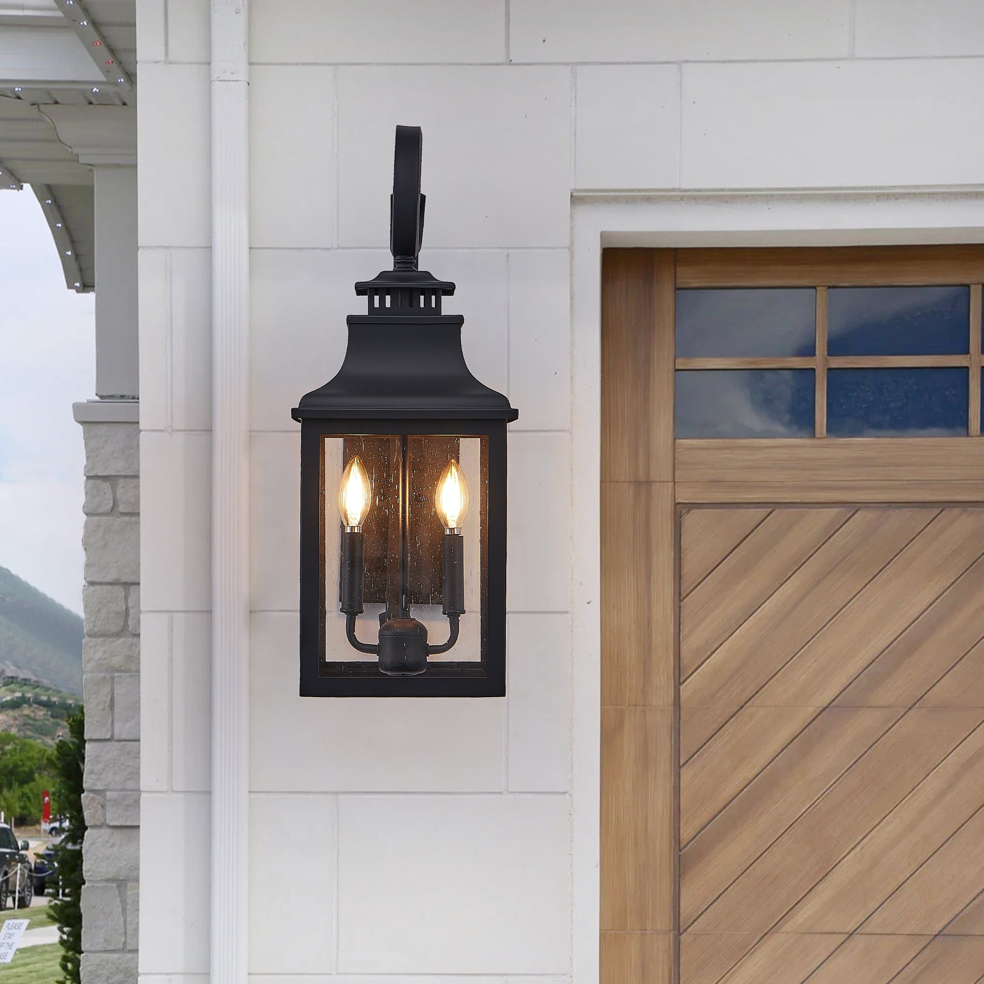 Jandcase 23in Outdoor Wall Lantern Vintage Black Metal Sconce Clear Seeded Glass Porch Patio Garden Exterior Light Fixture
