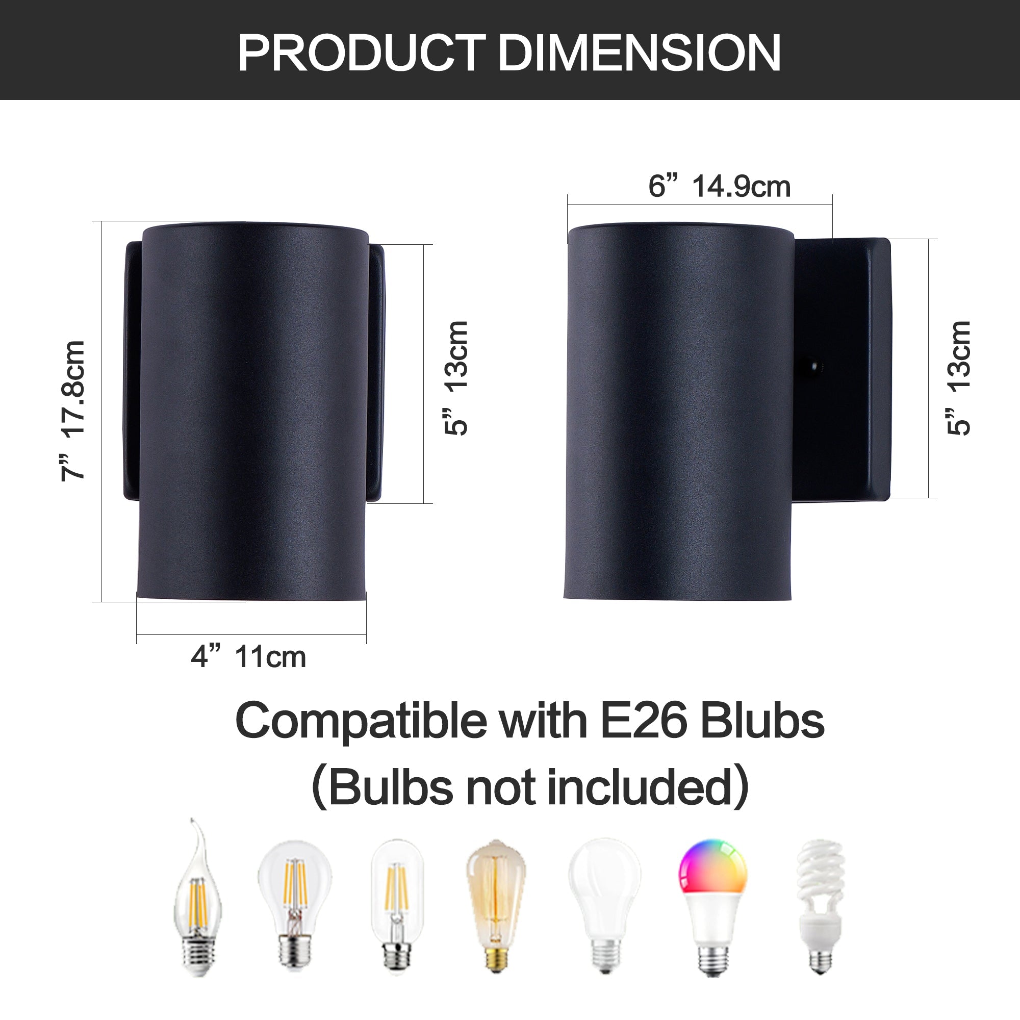 Jandcase 2-Pack 7in Outdoor Wall Sconce Black Cylinder Exterior Wall Light 1-Light Modern Waterproof Fixture for Porch Patio Entryway